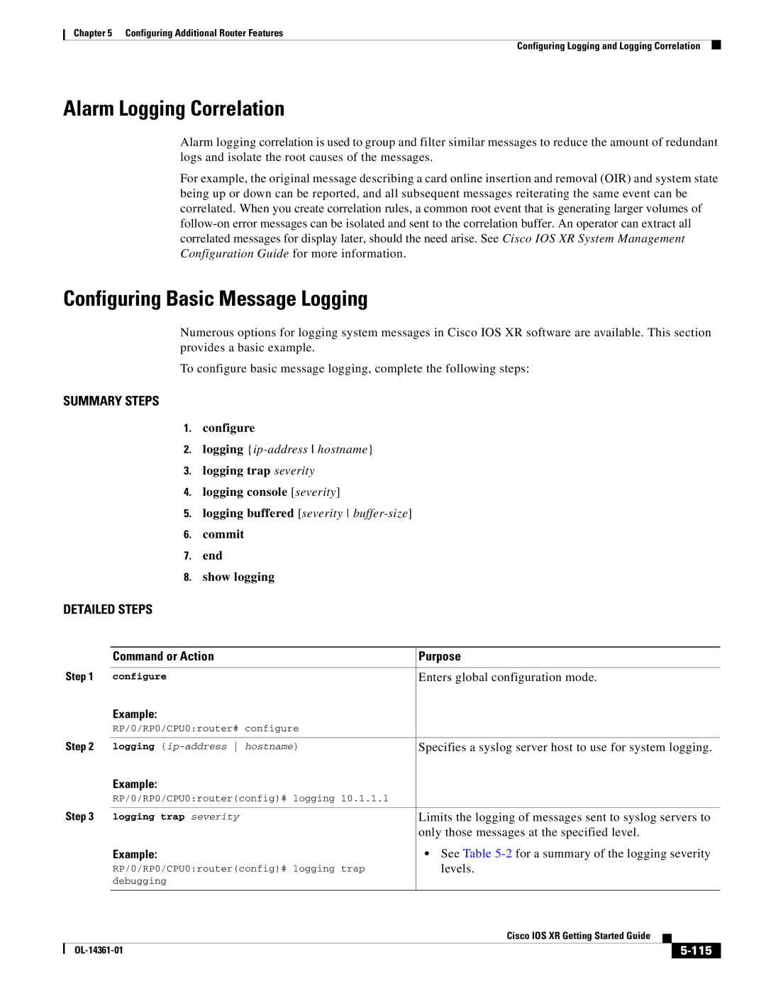 Cisco Systems OL-14361-01 manual Alarm Logging Correlation, Configuring Basic Message Logging, 115, Logging trap severity 