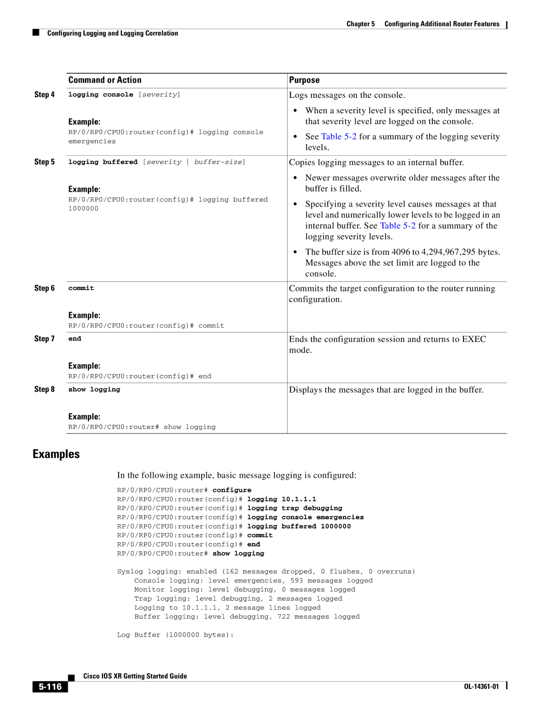 Cisco Systems OL-14361-01 manual 116, Logging console severity, Show logging 