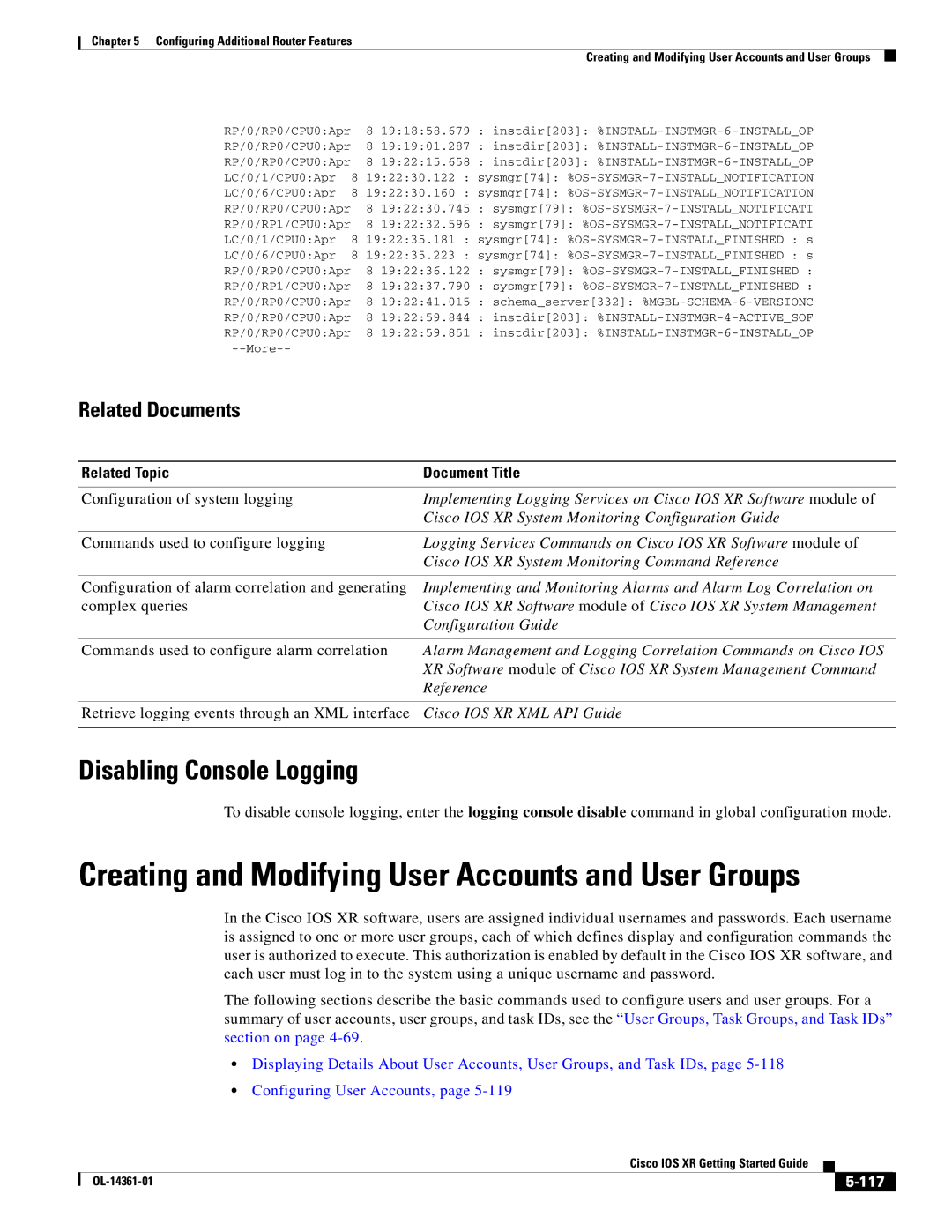 Cisco Systems OL-14361-01 manual Disabling Console Logging, 117 