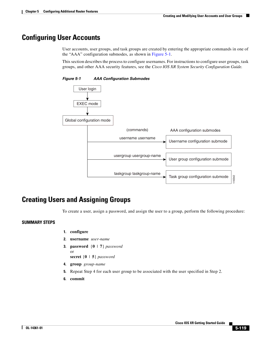 Cisco Systems OL-14361-01 manual Configuring User Accounts, Creating Users and Assigning Groups, 119 