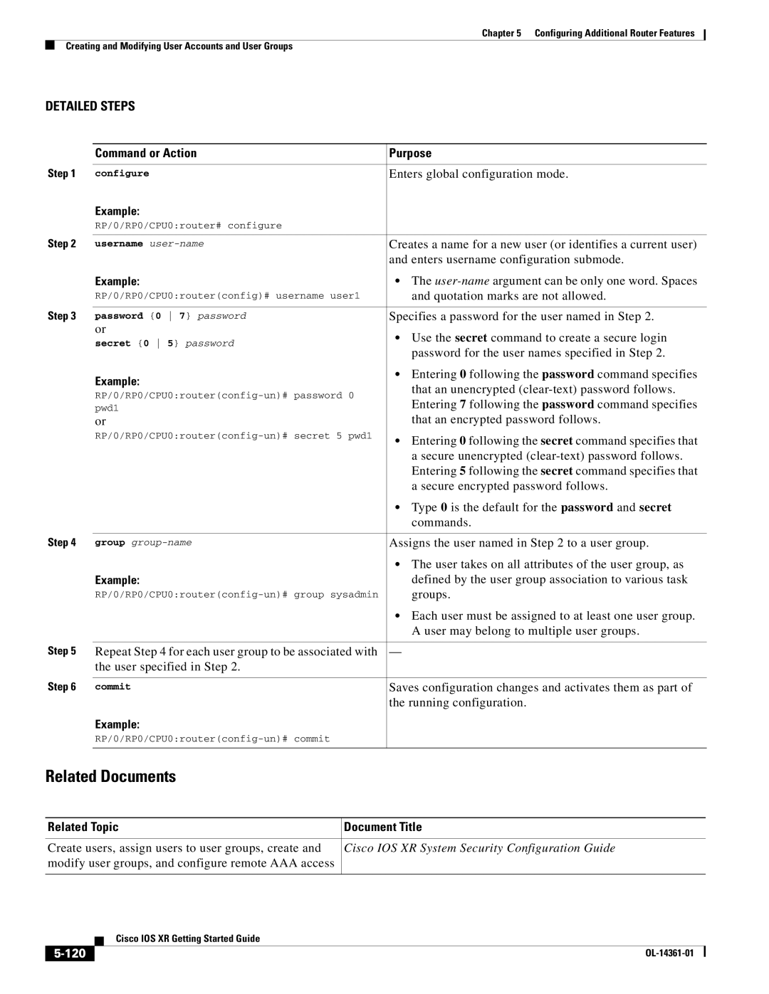 Cisco Systems OL-14361-01 manual 120, Username user-name, Password 0 7 password, Secret 0 5 password 