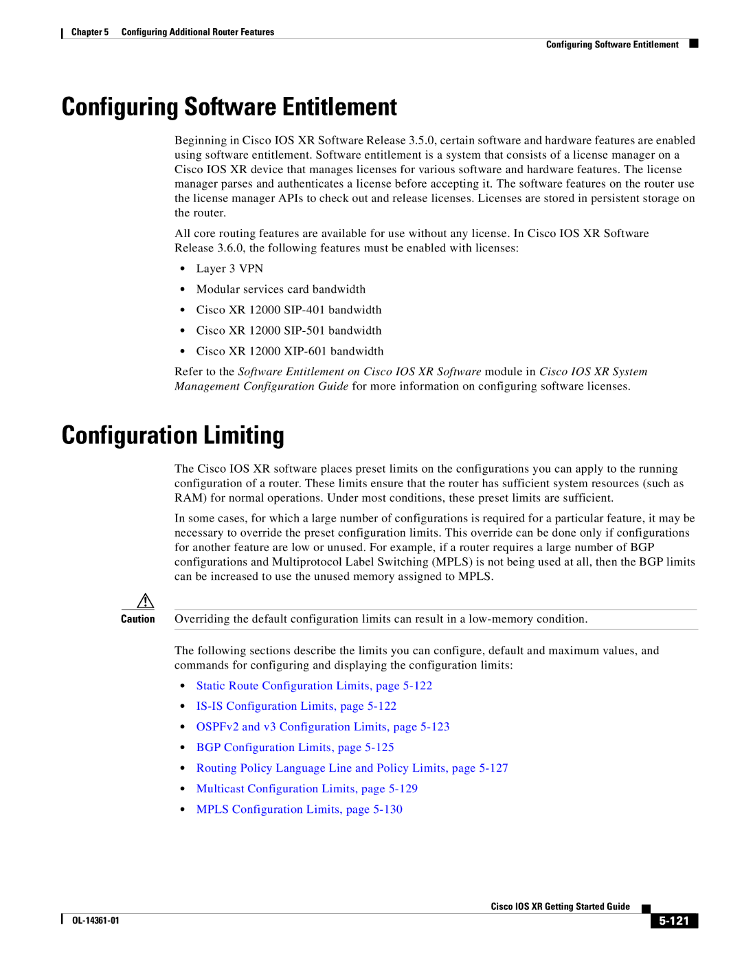 Cisco Systems OL-14361-01 manual Configuring Software Entitlement, Configuration Limiting, 121 