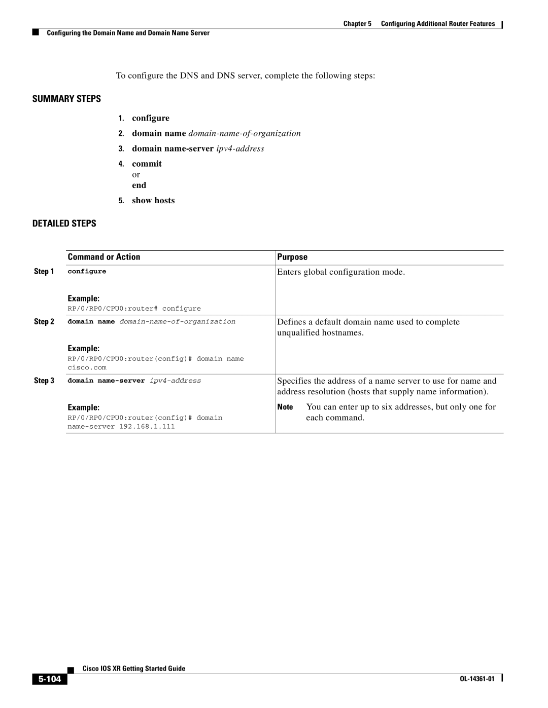 Cisco Systems OL-14361-01 manual Command or Action Purpose, Example, 104, Configure, Domain name-server ipv4-address 
