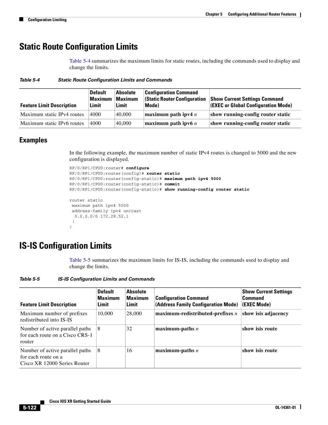 Cisco Systems OL-14361-01 manual Static Route Configuration Limits, IS-IS Configuration Limits, 122 