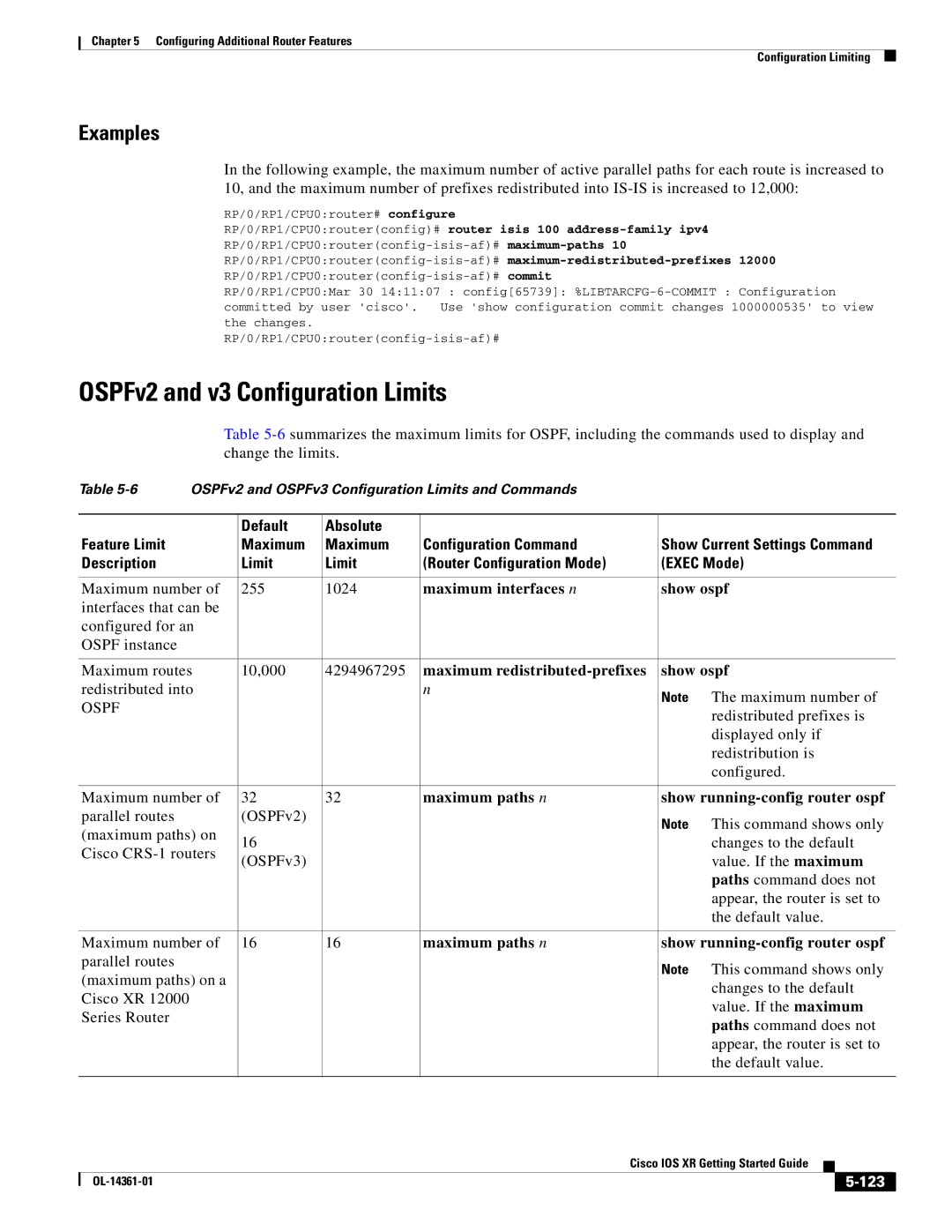 Cisco Systems OL-14361-01 OSPFv2 and v3 Configuration Limits, Description Limit Router Configuration Mode Exec Mode, 123 