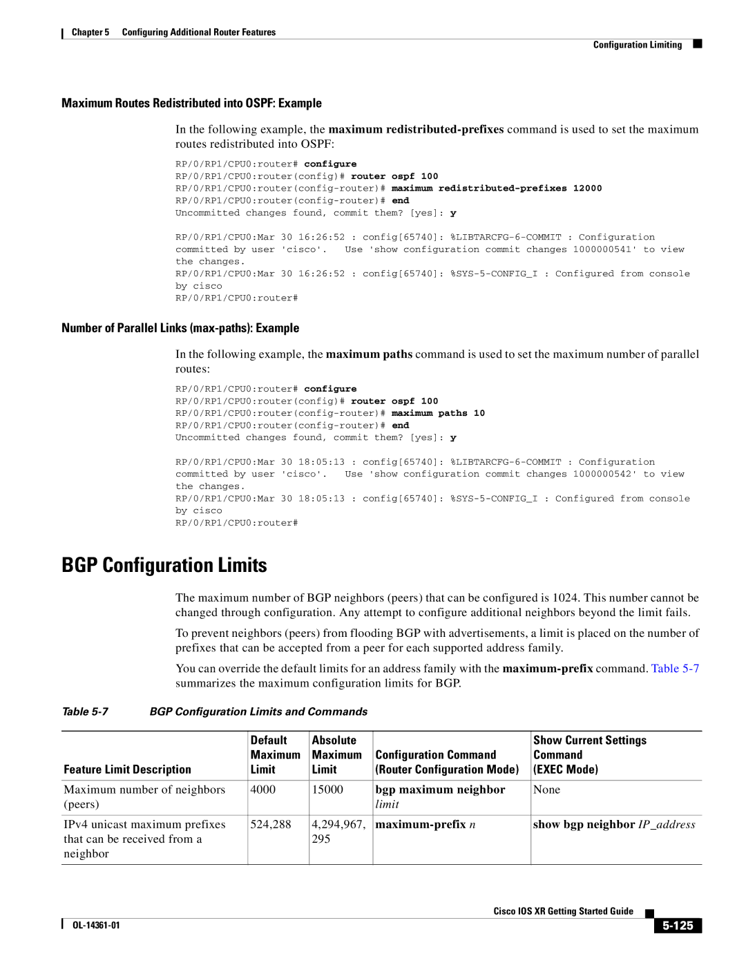 Cisco Systems OL-14361-01 manual BGP Configuration Limits, 125 