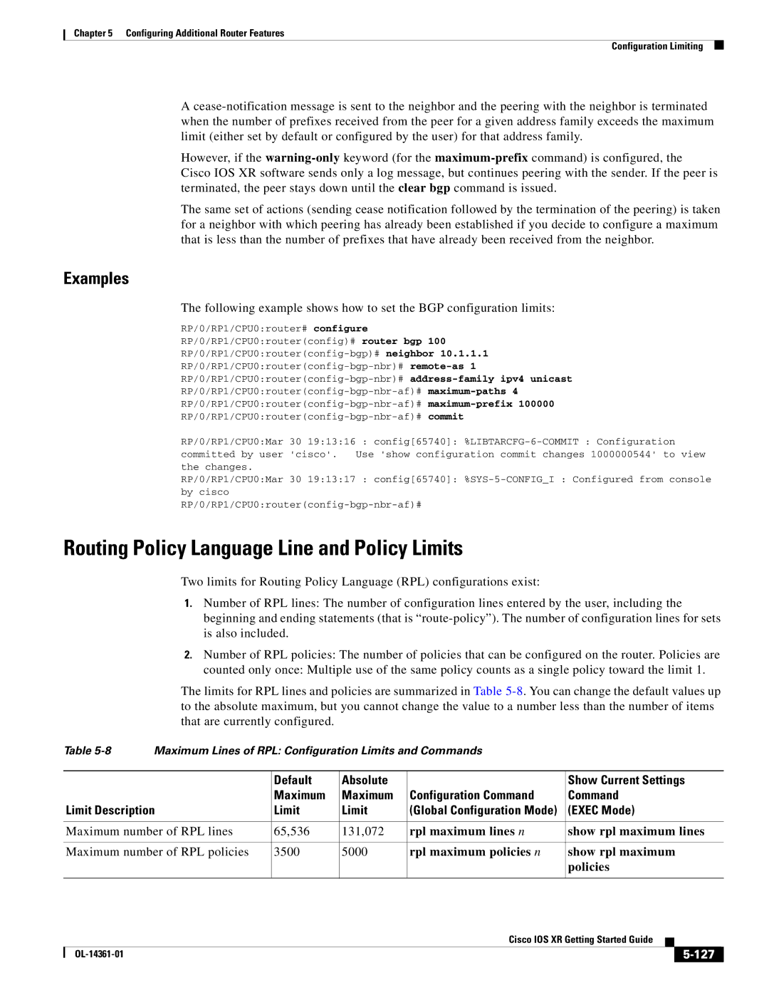 Cisco Systems OL-14361-01 manual Routing Policy Language Line and Policy Limits, 127 