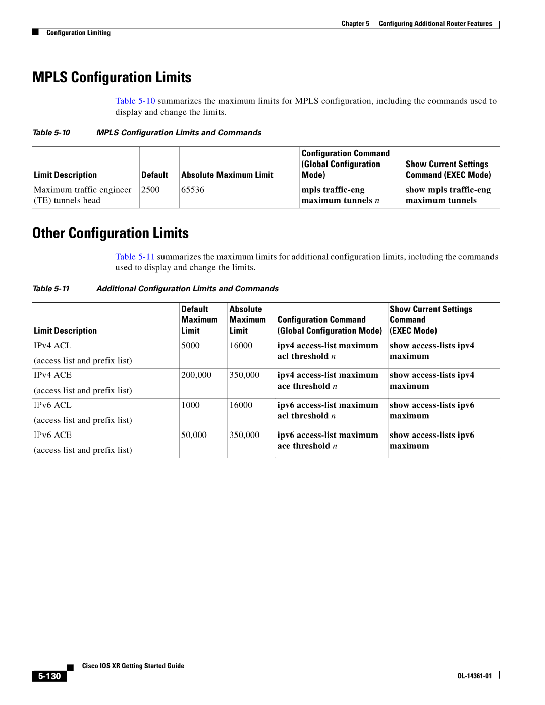 Cisco Systems OL-14361-01 manual Mpls Configuration Limits, Other Configuration Limits, 130 