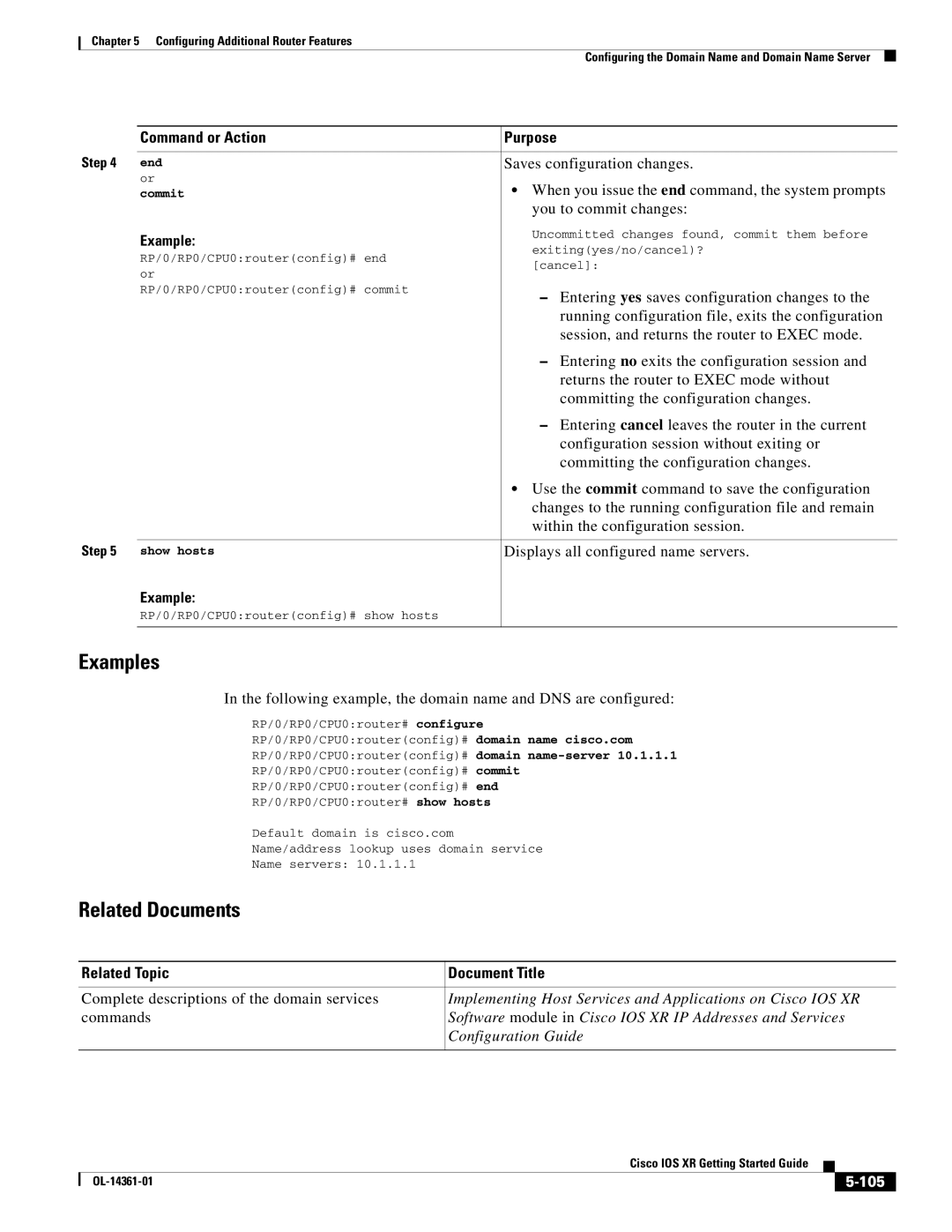 Cisco Systems OL-14361-01 manual Related Topic Document Title, 105, End, Commit, Show hosts 