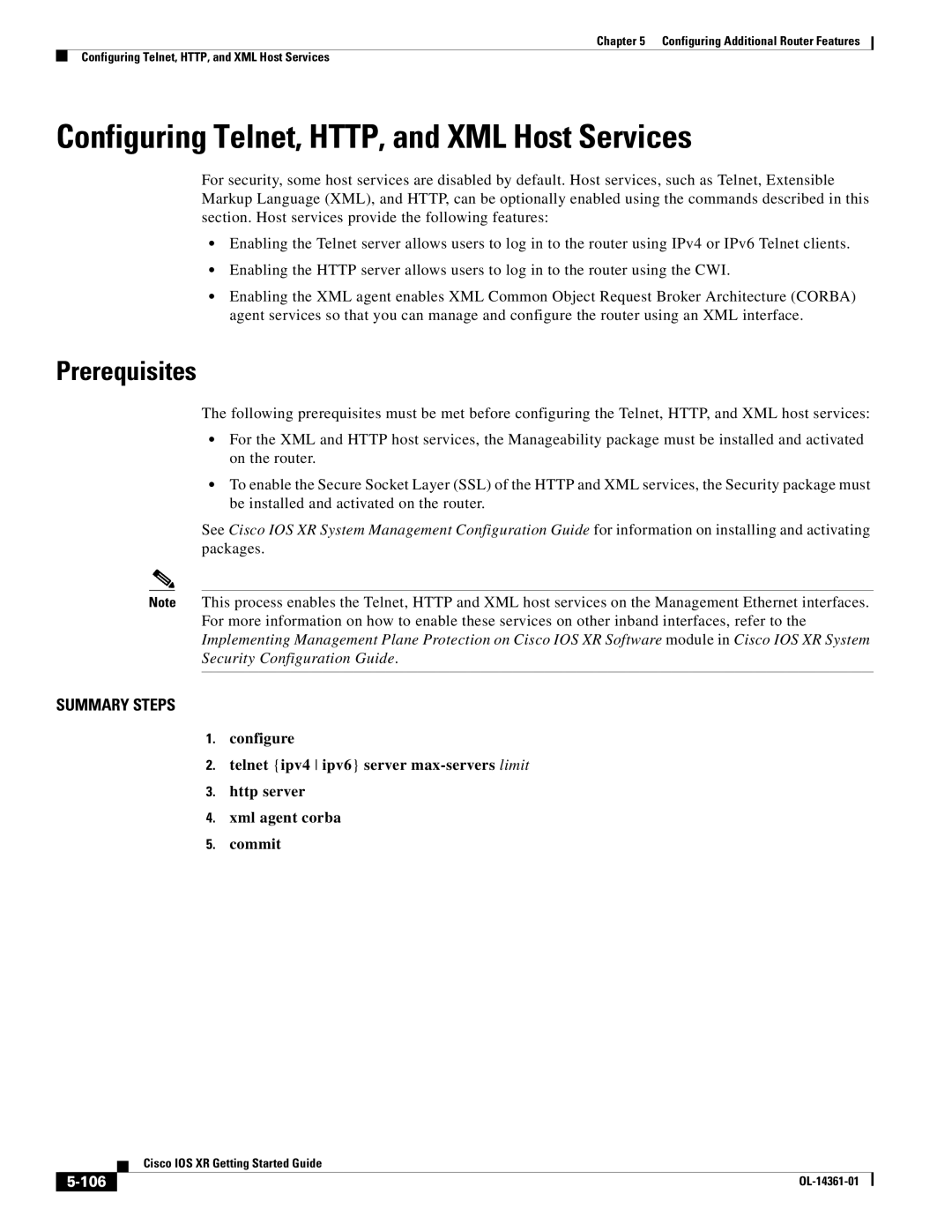 Cisco Systems OL-14361-01 manual Configuring Telnet, HTTP, and XML Host Services, Prerequisites, 106 