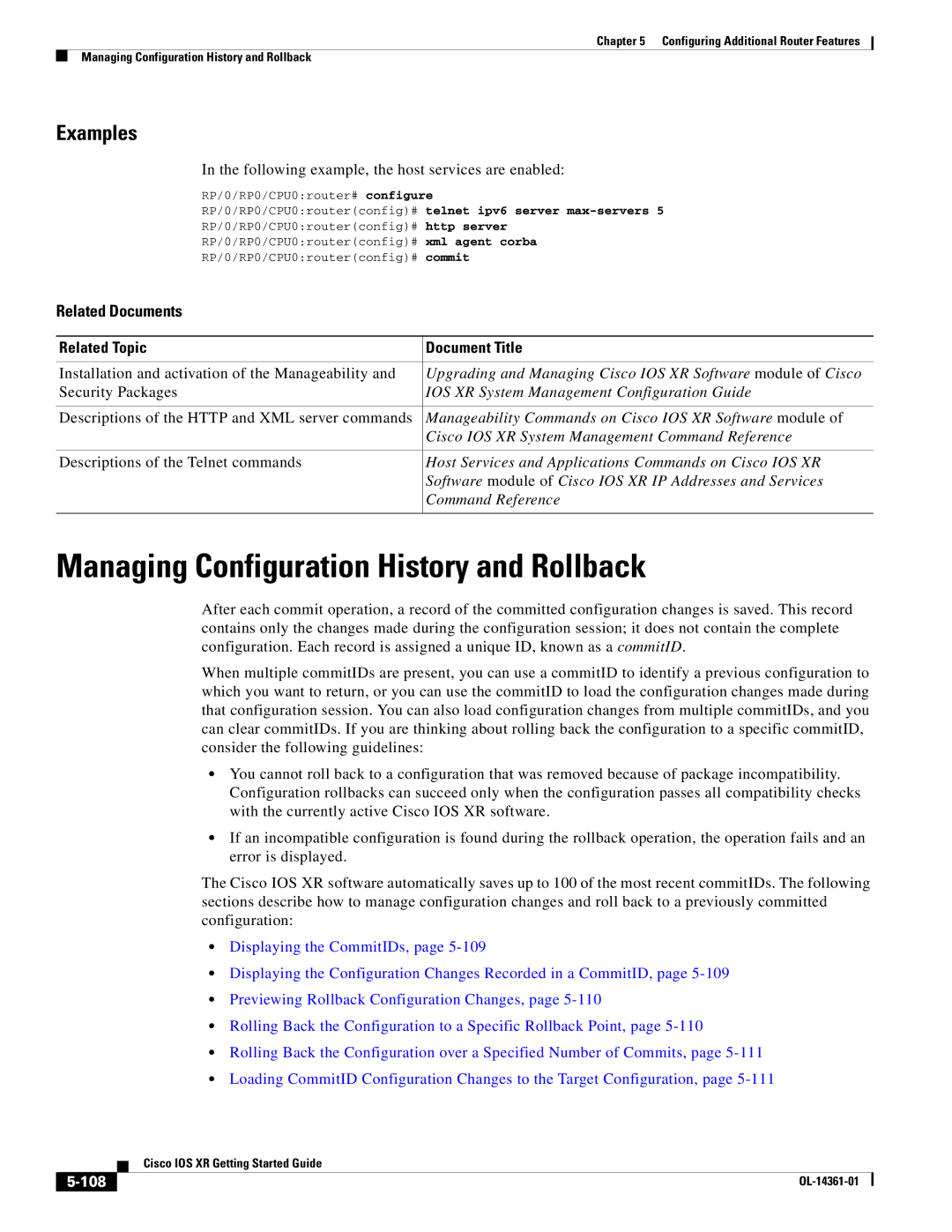 Cisco Systems OL-14361-01 manual Managing Configuration History and Rollback, 108 