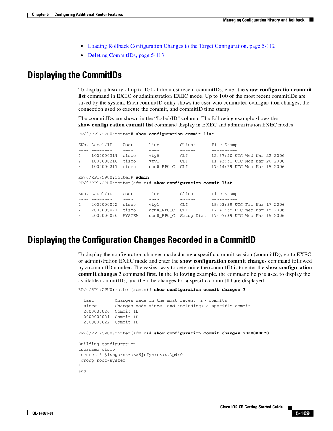 Cisco Systems OL-14361-01 manual Displaying the CommitIDs, Displaying the Configuration Changes Recorded in a CommitID, 109 