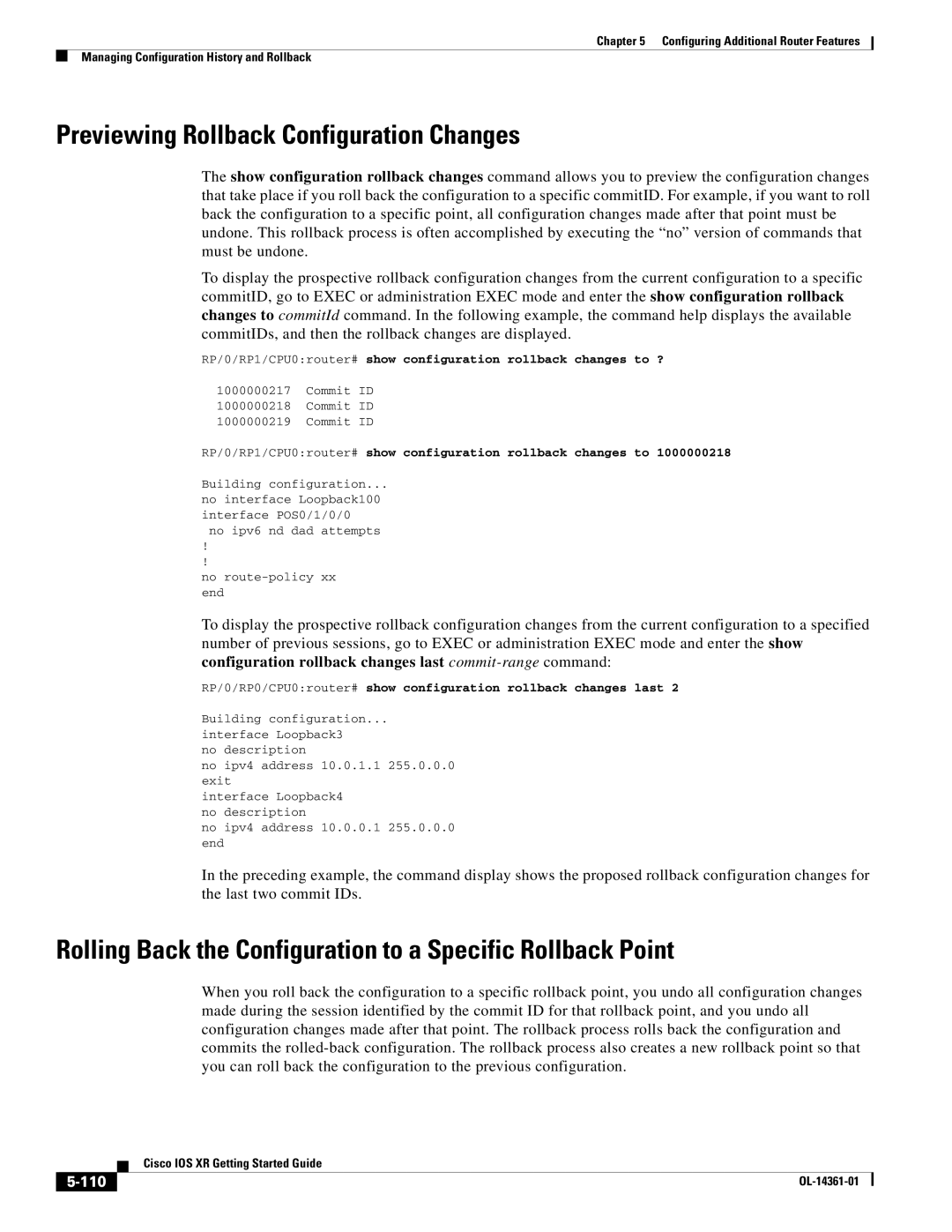 Cisco Systems OL-14361-01 manual Previewing Rollback Configuration Changes, 110 