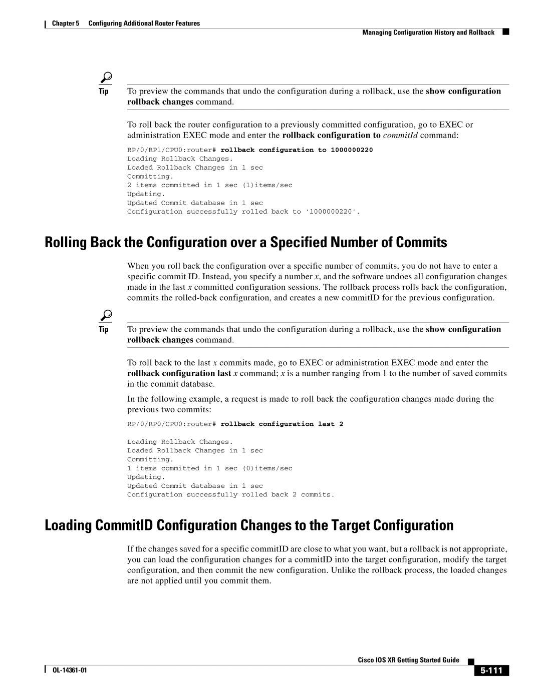 Cisco Systems OL-14361-01 manual 111, RP/0/RP1/CPU0router# rollback configuration to 