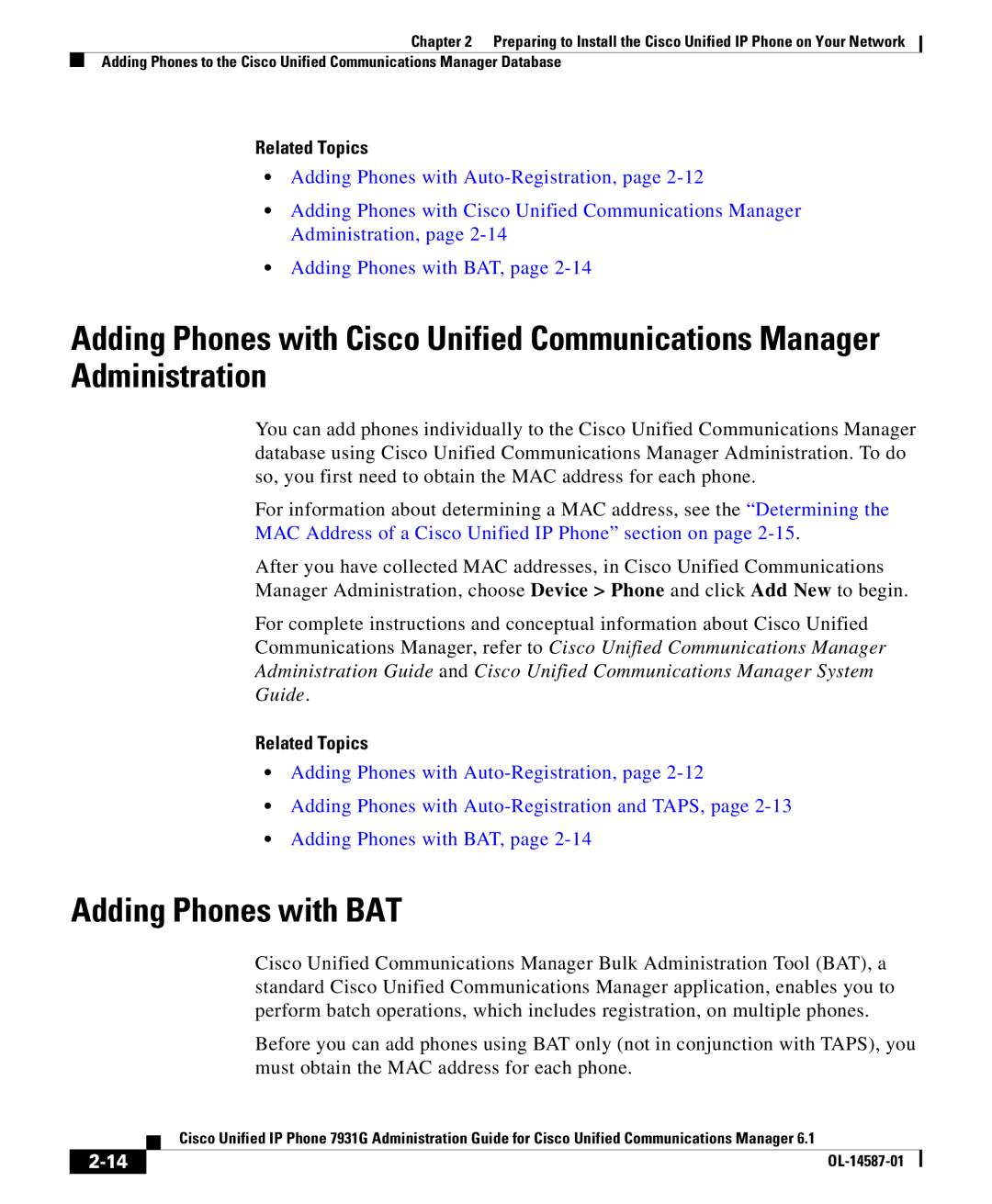 Cisco Systems OL-14587-01 manual Adding Phones with BAT, MAC Address of a Cisco Unified IP Phone section on 