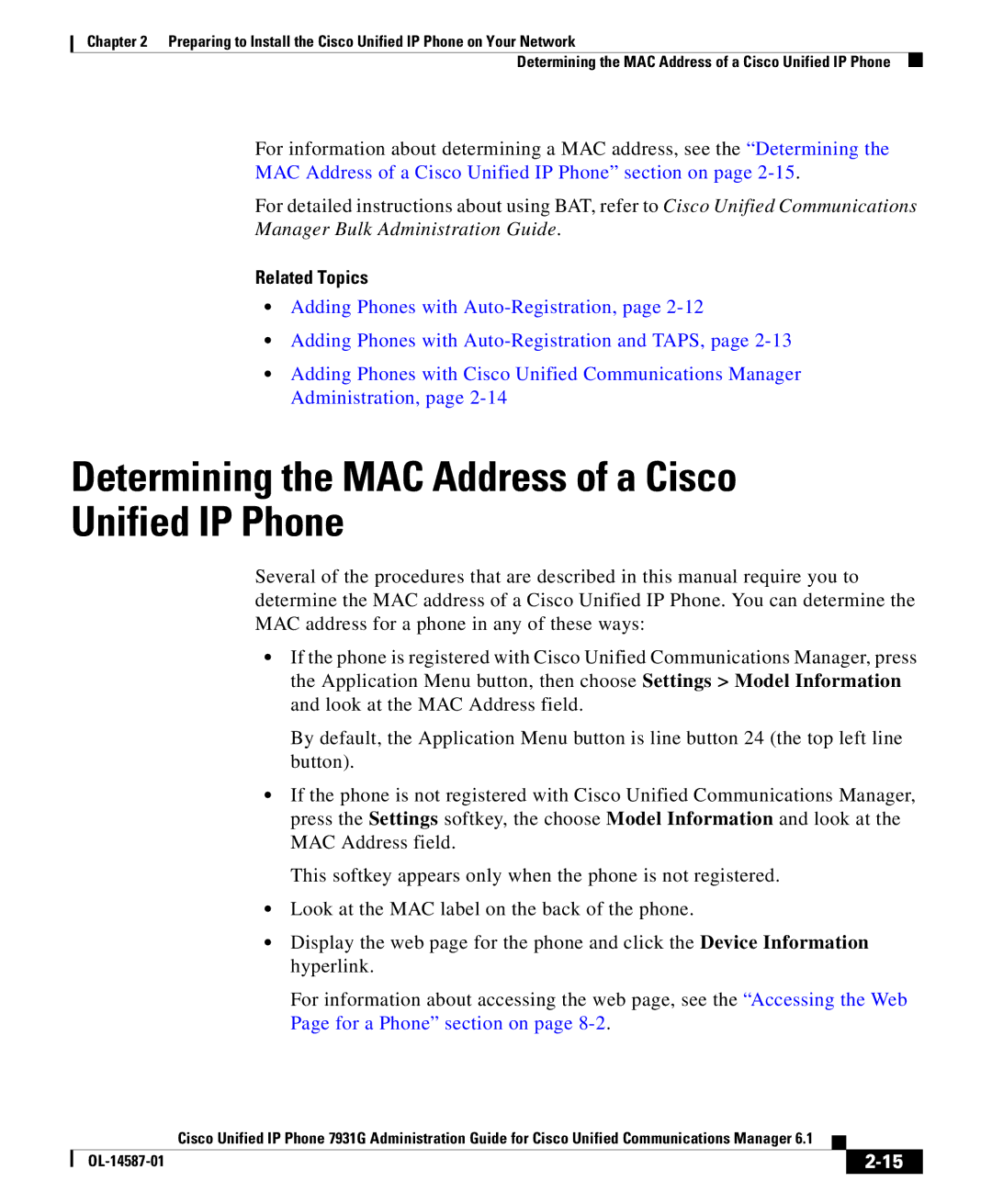 Cisco Systems OL-14587-01 manual Determining the MAC Address of a Cisco Unified IP Phone 