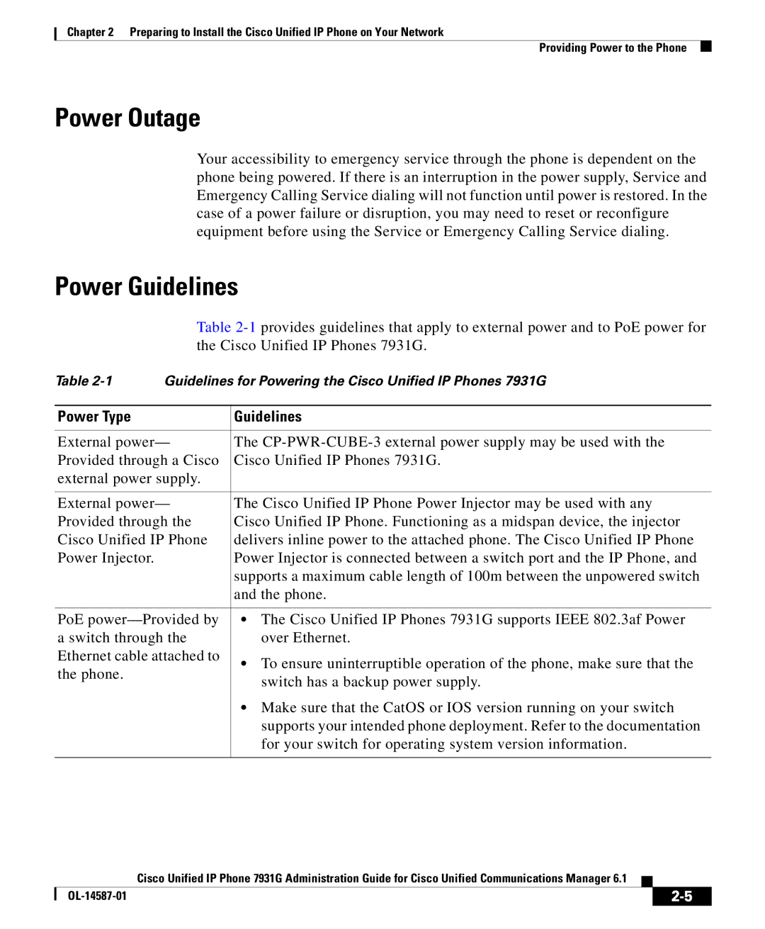 Cisco Systems OL-14587-01 manual Power Outage, Power Guidelines 