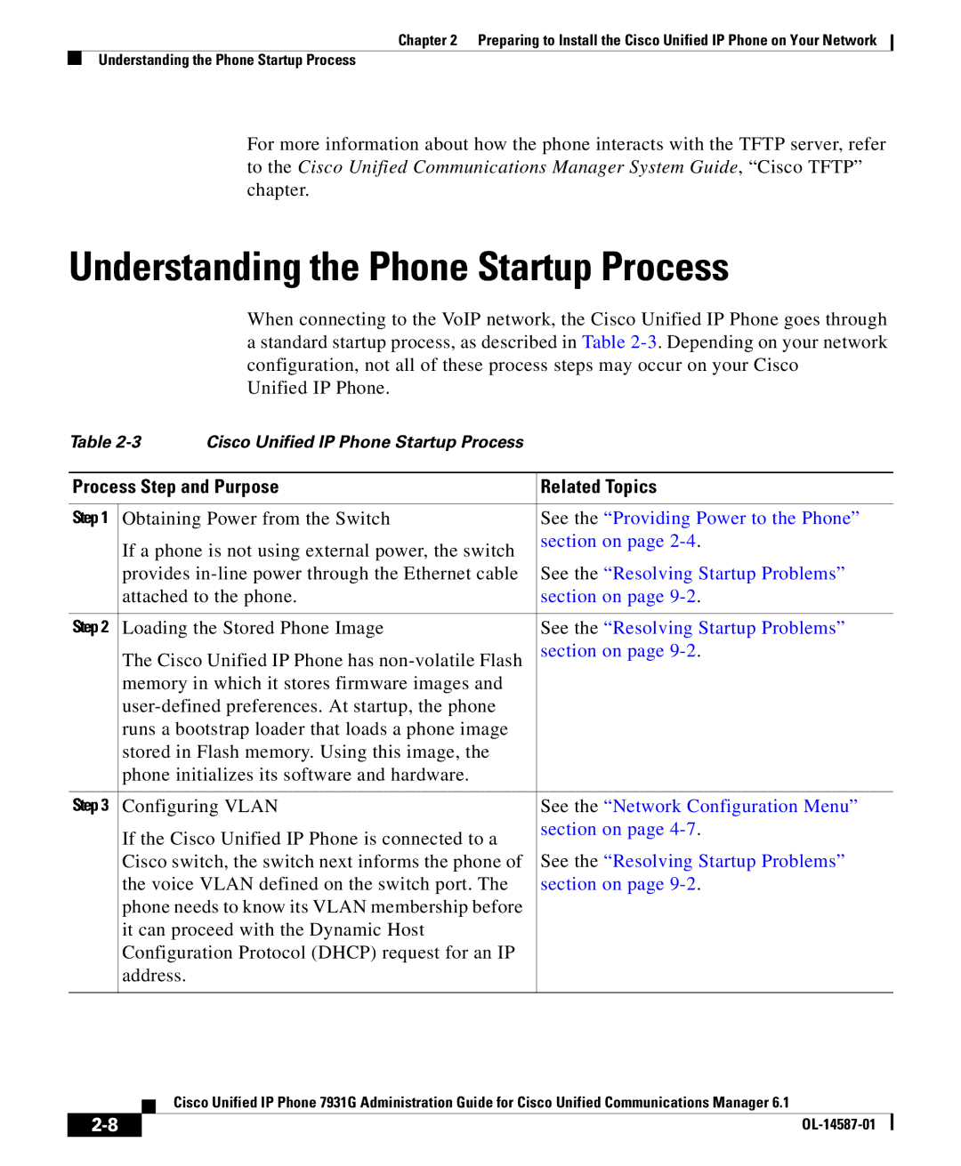 Cisco Systems OL-14587-01 manual Understanding the Phone Startup Process, Process Step and Purpose Related Topics 