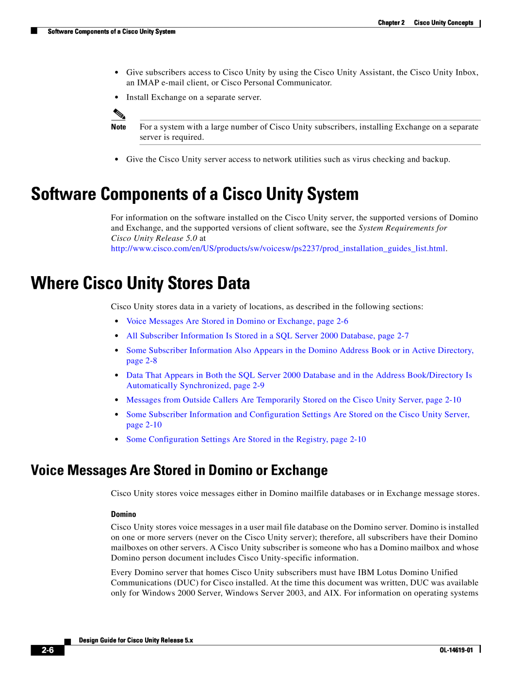Cisco Systems OL-14619-01 manual Software Components of a Cisco Unity System, Where Cisco Unity Stores Data, Domino 