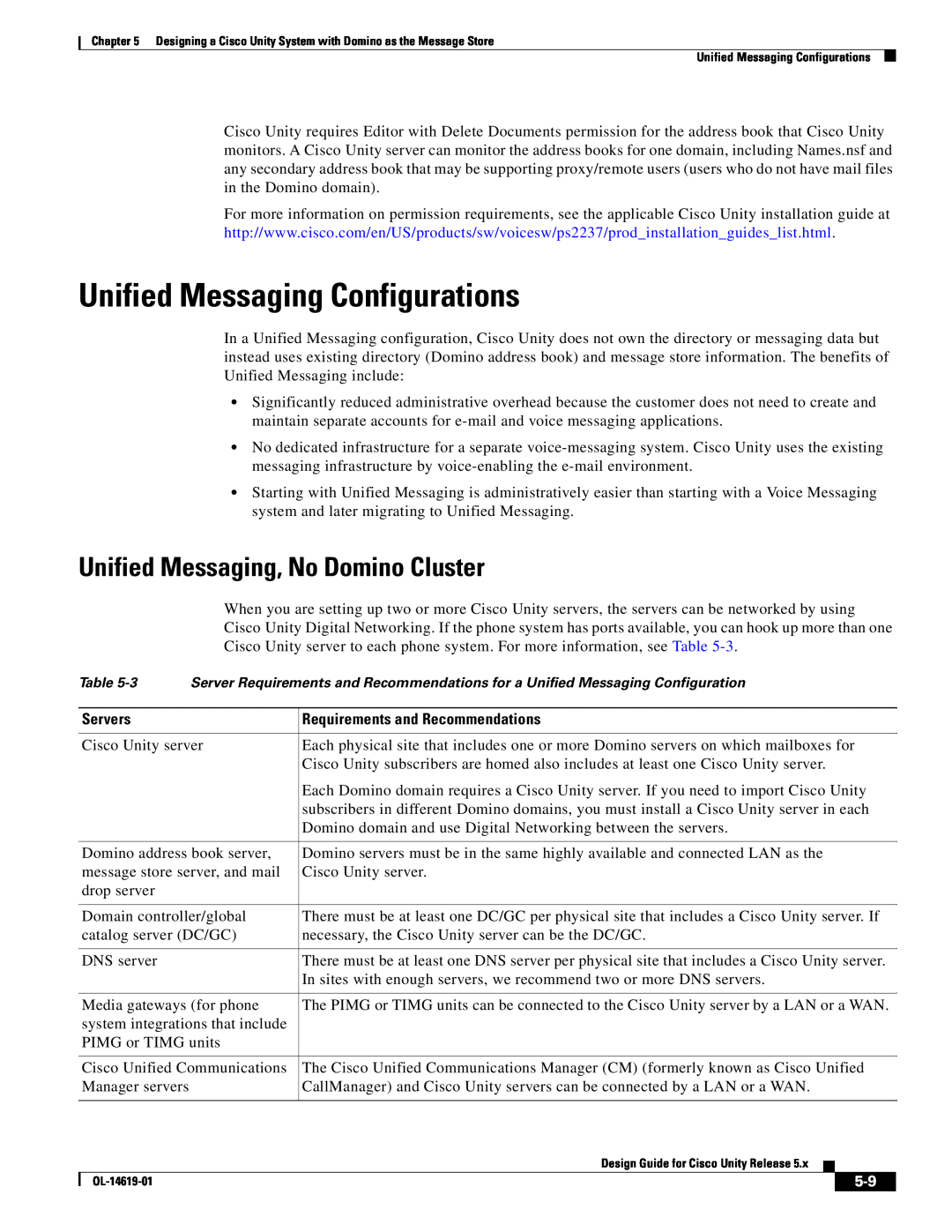 Cisco Systems OL-14619-01 manual Unified Messaging Configurations, Unified Messaging, No Domino Cluster, Servers 