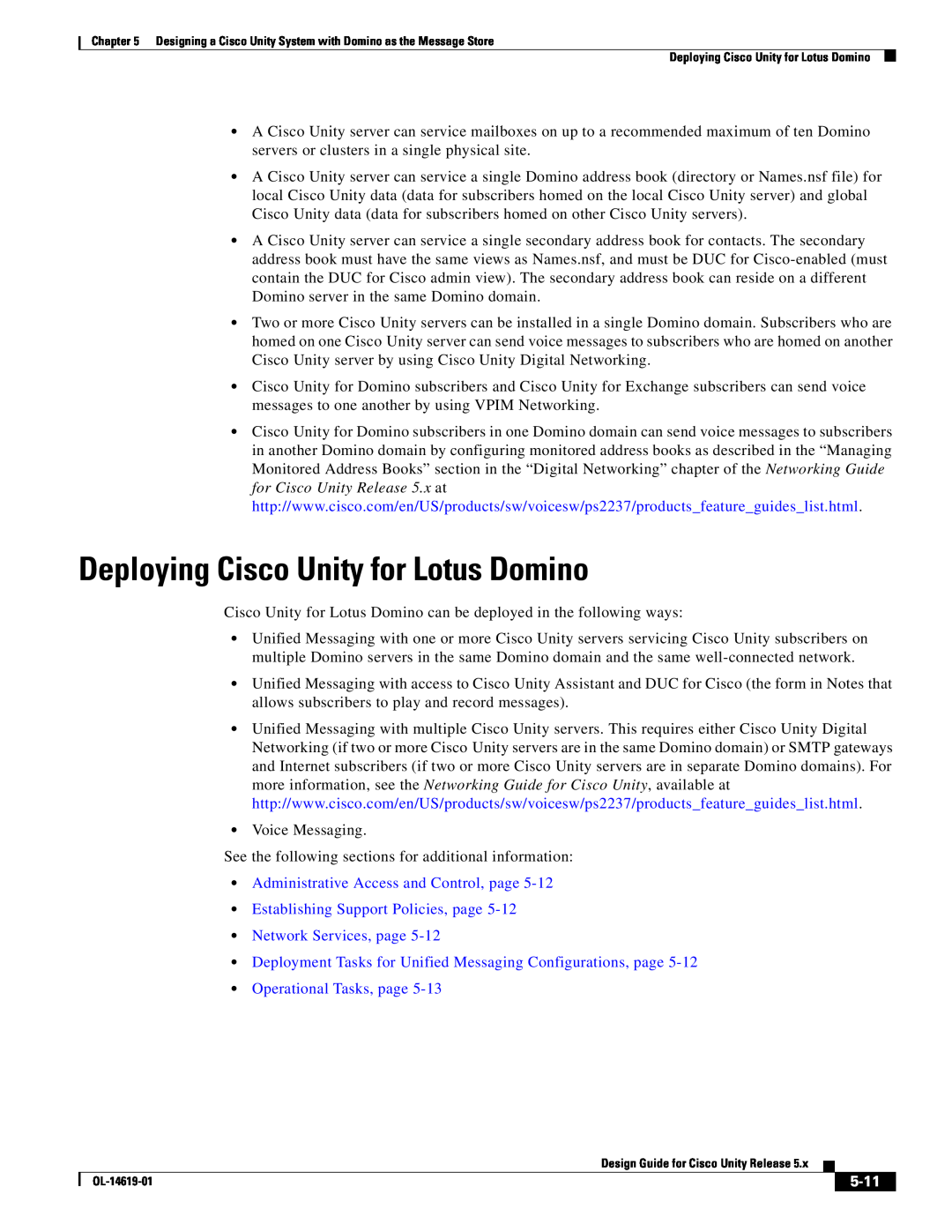 Cisco Systems OL-14619-01 manual Deploying Cisco Unity for Lotus Domino, Administrative Access and Control, page, 5-11 