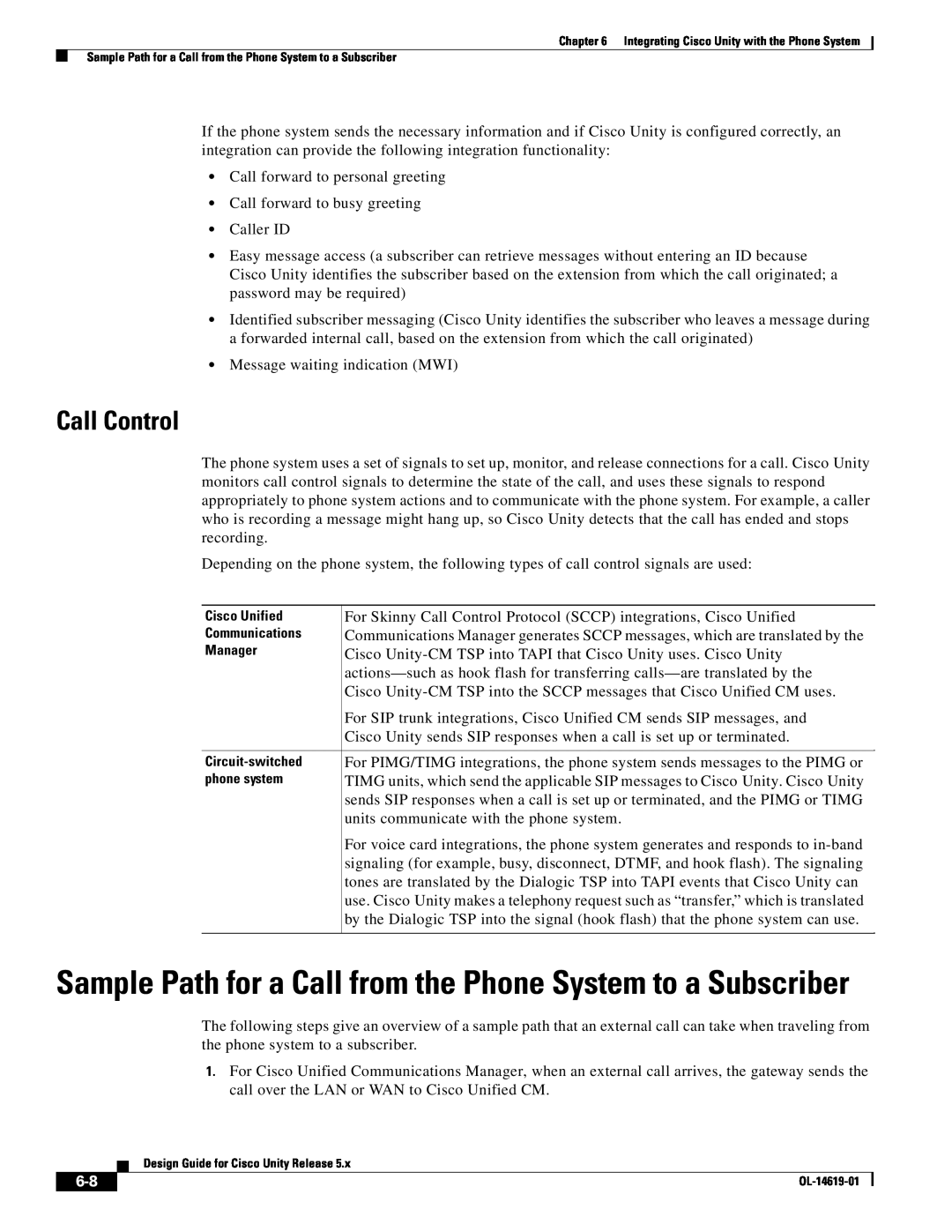 Cisco Systems OL-14619-01 manual Sample Path for a Call from the Phone System to a Subscriber, Call Control 