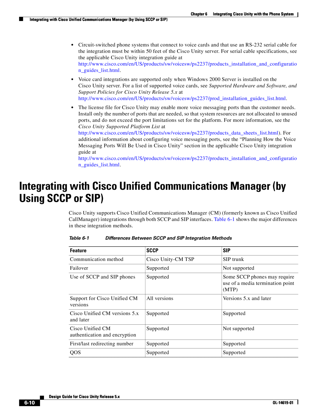Cisco Systems OL-14619-01 manual Feature, Sccp, 6-10, Differences Between SCCP and SIP Integration Methods 