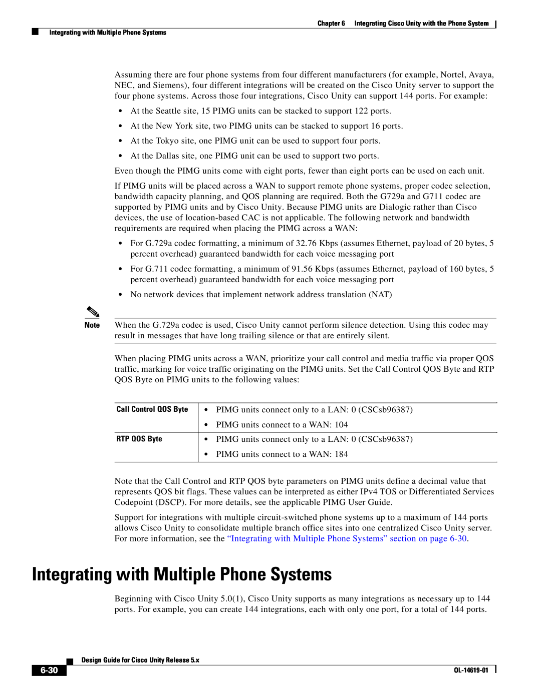 Cisco Systems OL-14619-01 manual Integrating with Multiple Phone Systems, 6-30, Call Control QOS Byte, RTP QOS Byte 