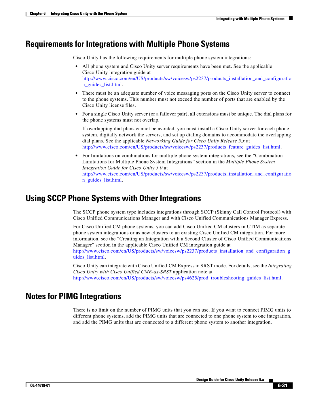 Cisco Systems OL-14619-01 Requirements for Integrations with Multiple Phone Systems, Notes for PIMG Integrations, 6-31 