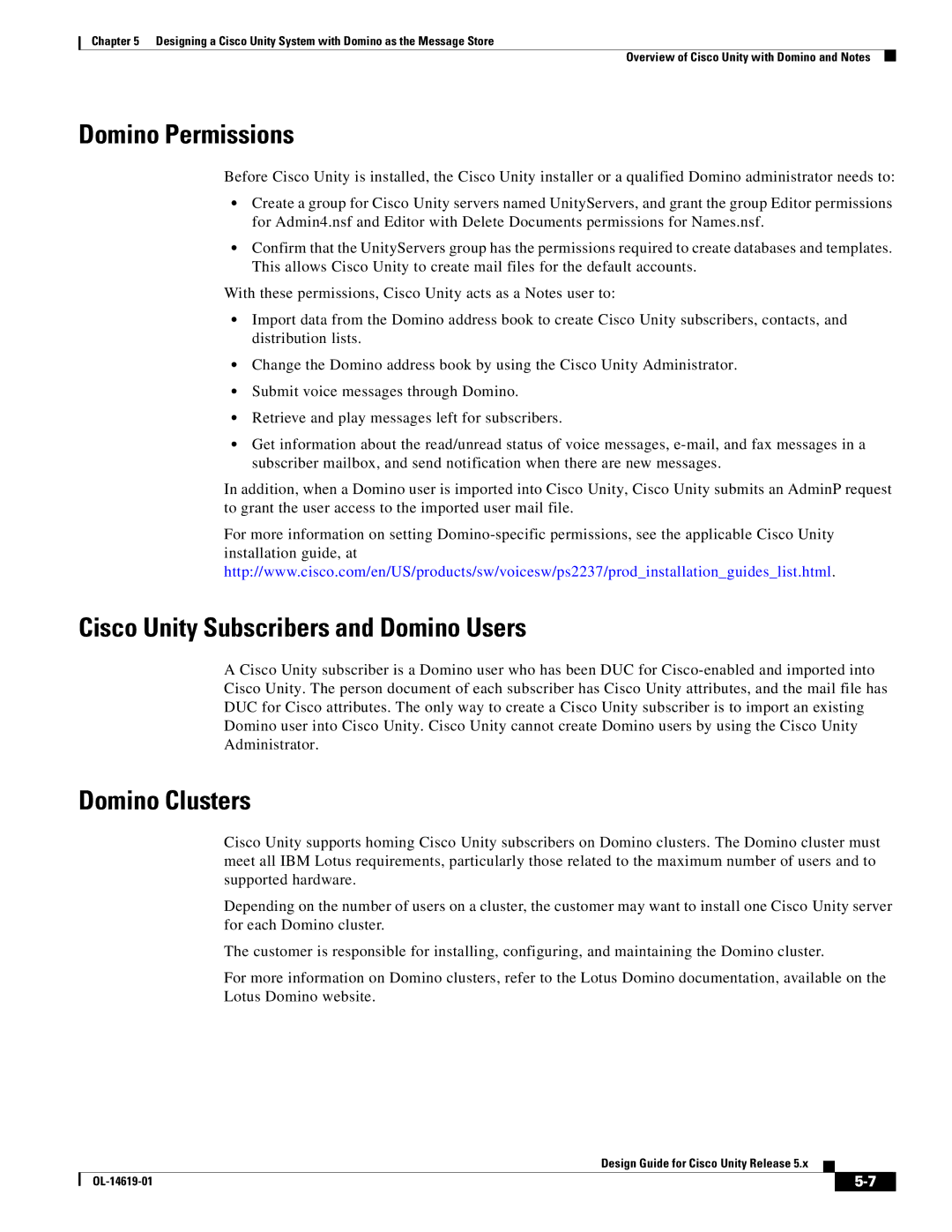 Cisco Systems OL-14619-01 manual Domino Permissions, Cisco Unity Subscribers and Domino Users, Domino Clusters 