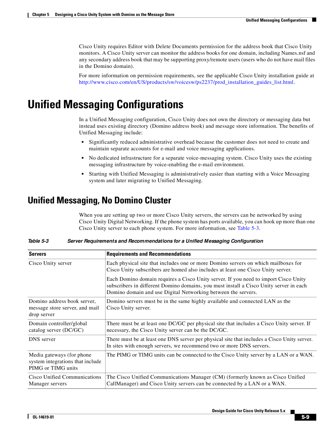 Cisco Systems OL-14619-01 manual Unified Messaging Configurations, Unified Messaging, No Domino Cluster 