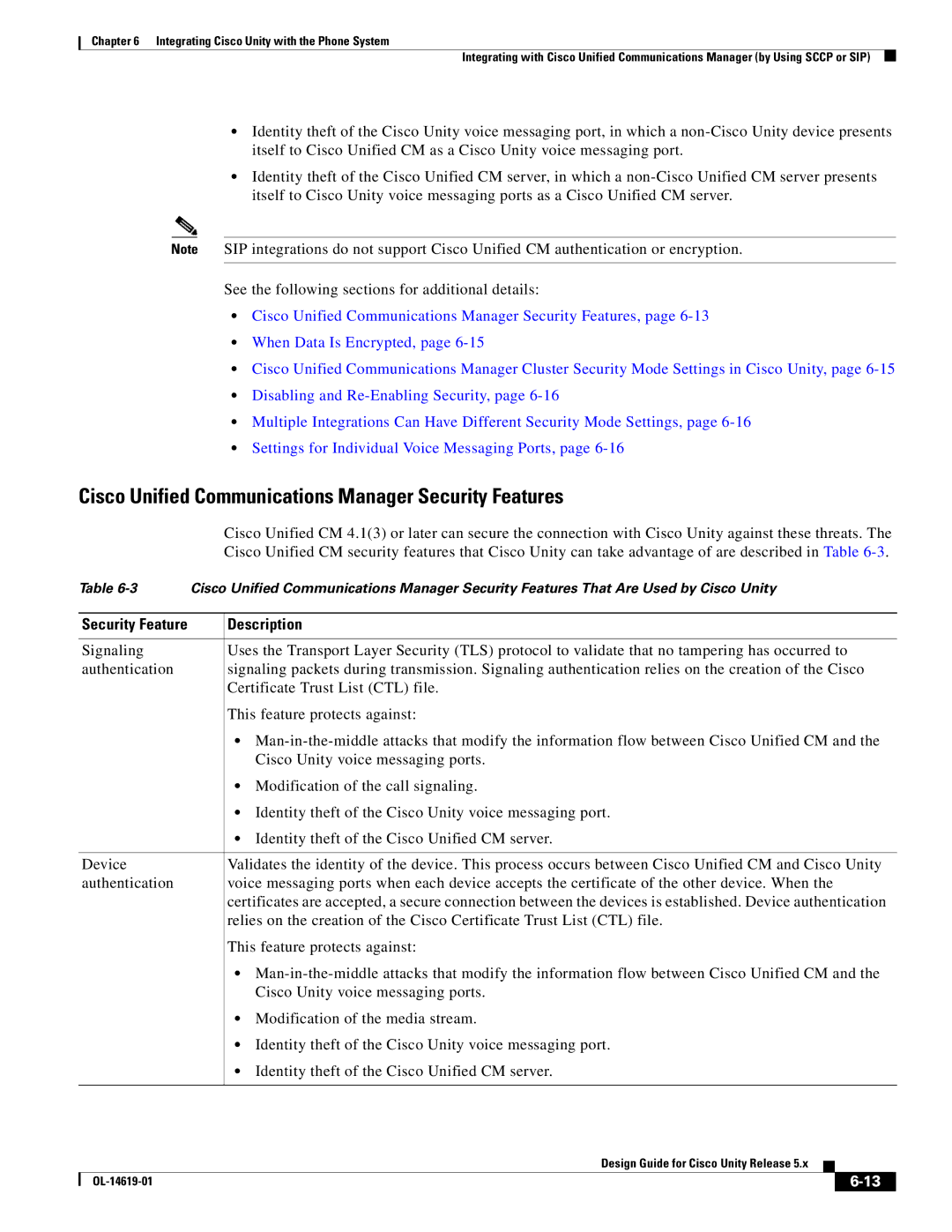 Cisco Systems OL-14619-01 manual Cisco Unified Communications Manager Security Features, Description 