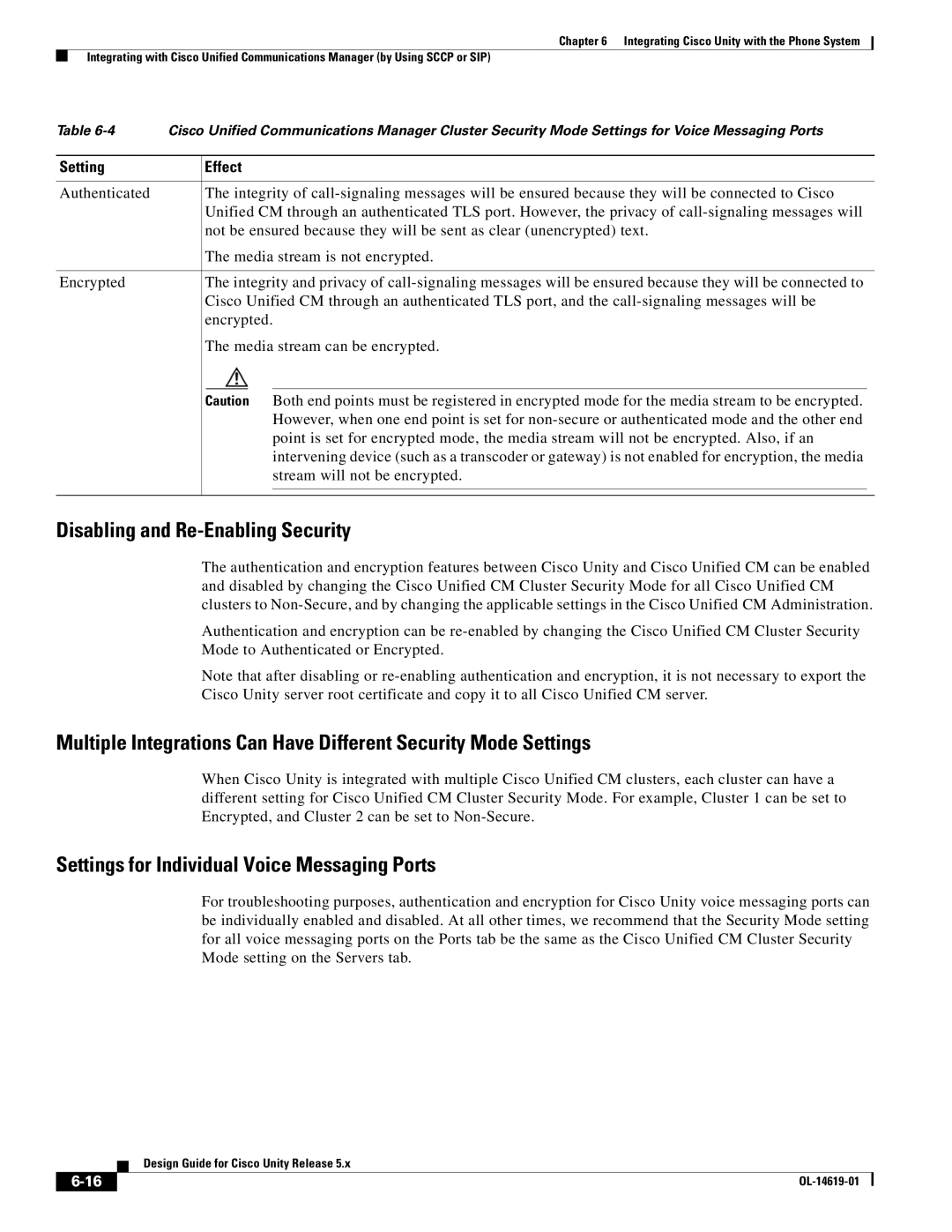 Cisco Systems OL-14619-01 manual Disabling and Re-Enabling Security, Settings for Individual Voice Messaging Ports 