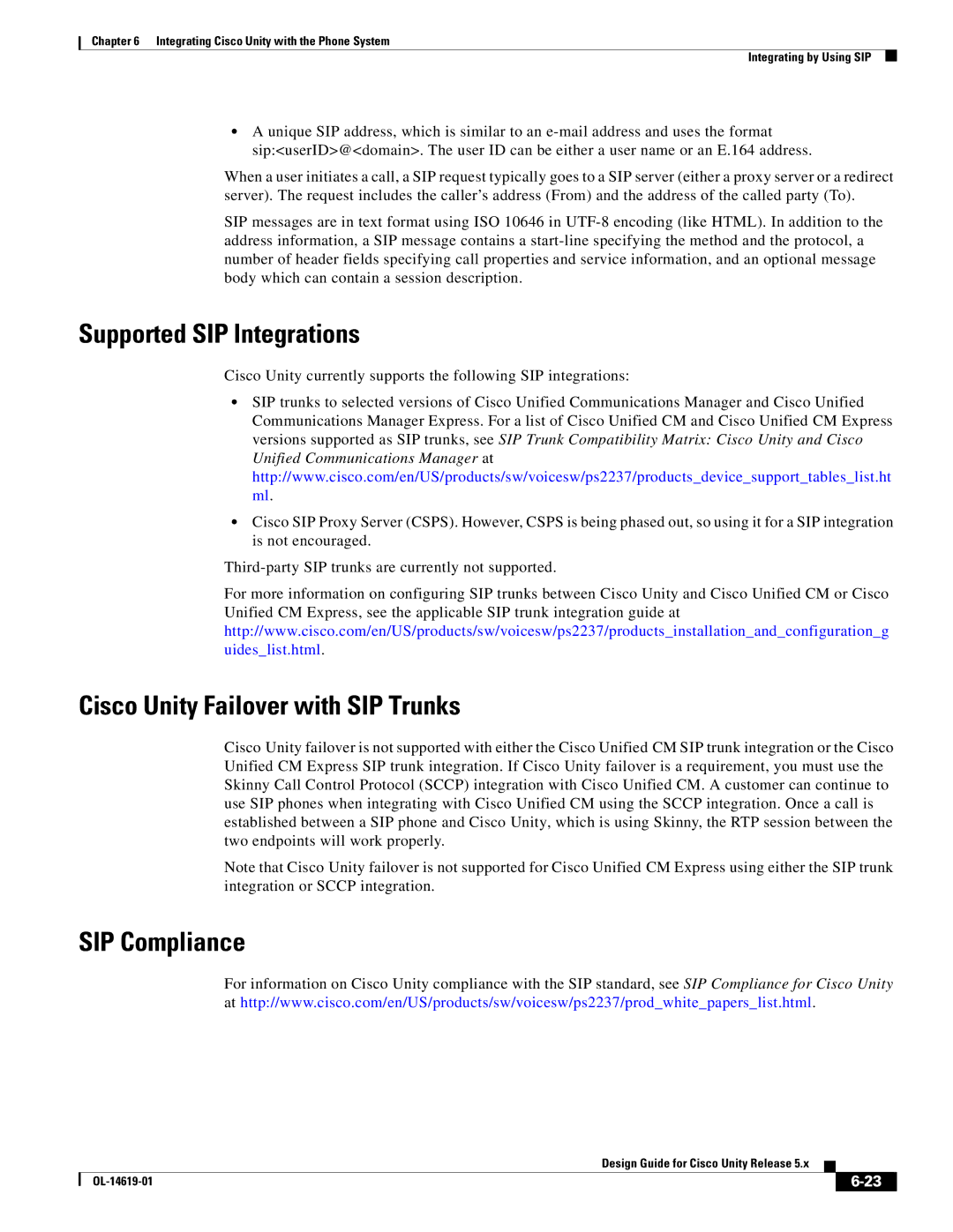 Cisco Systems OL-14619-01 manual Supported SIP Integrations, Cisco Unity Failover with SIP Trunks, SIP Compliance 