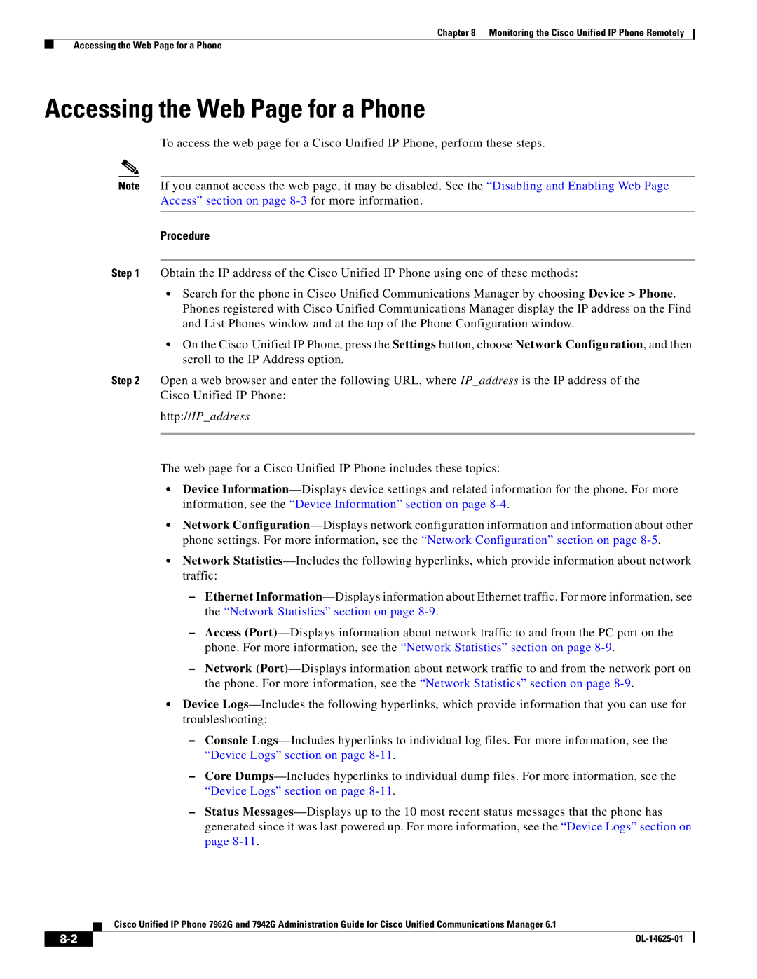 Cisco Systems OL-14625-01 manual Accessing the Web Page for a Phone, Procedure 