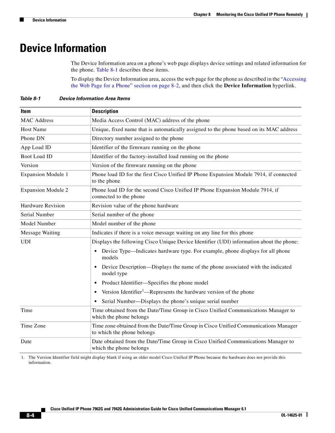 Cisco Systems OL-14625-01 manual Device Information, Description, Udi 