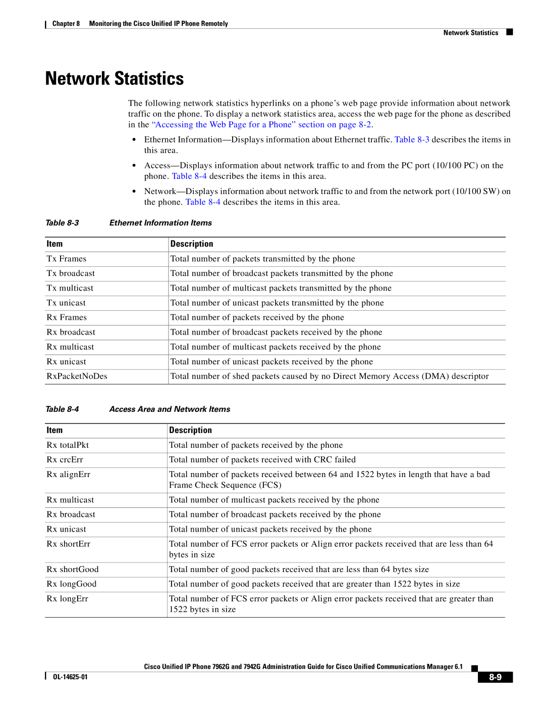 Cisco Systems OL-14625-01 manual Network Statistics 