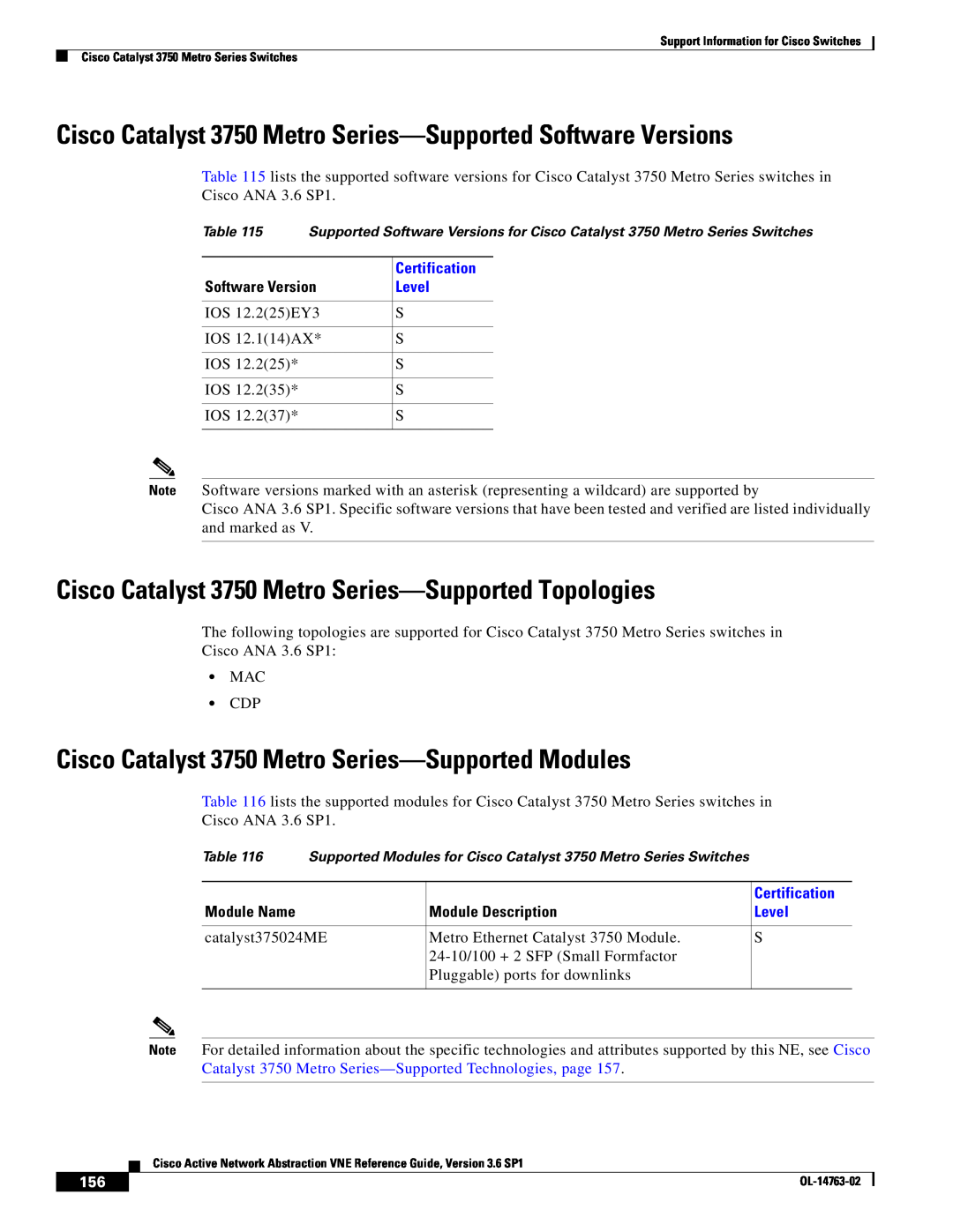 Cisco Systems OL-14763-02 Cisco Catalyst 3750 Metro Series-Supported Software Versions, Module Name, Module Description 