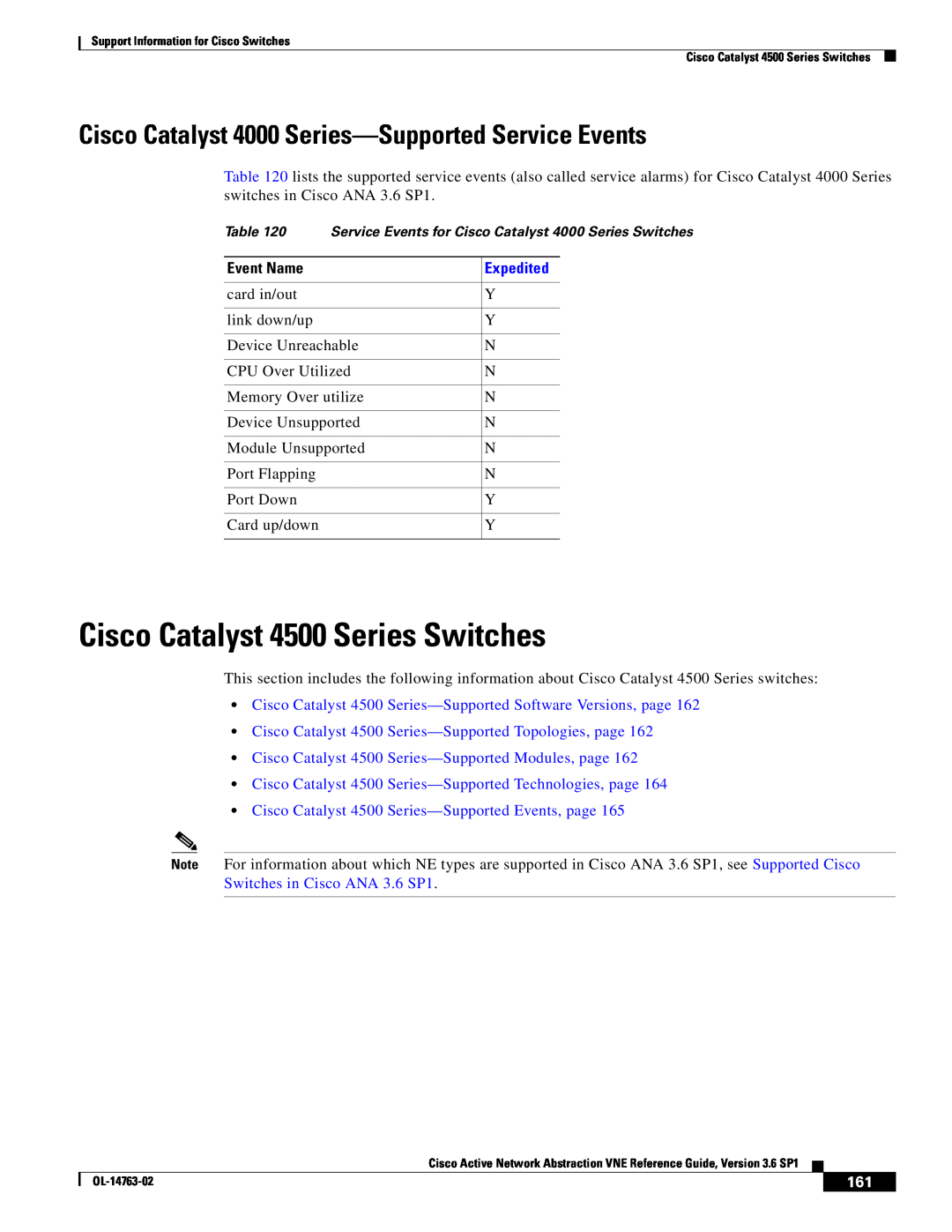 Cisco Systems OL-14763-02 manual Cisco Catalyst 4500 Series Switches, Cisco Catalyst 4000 Series-Supported Service Events 