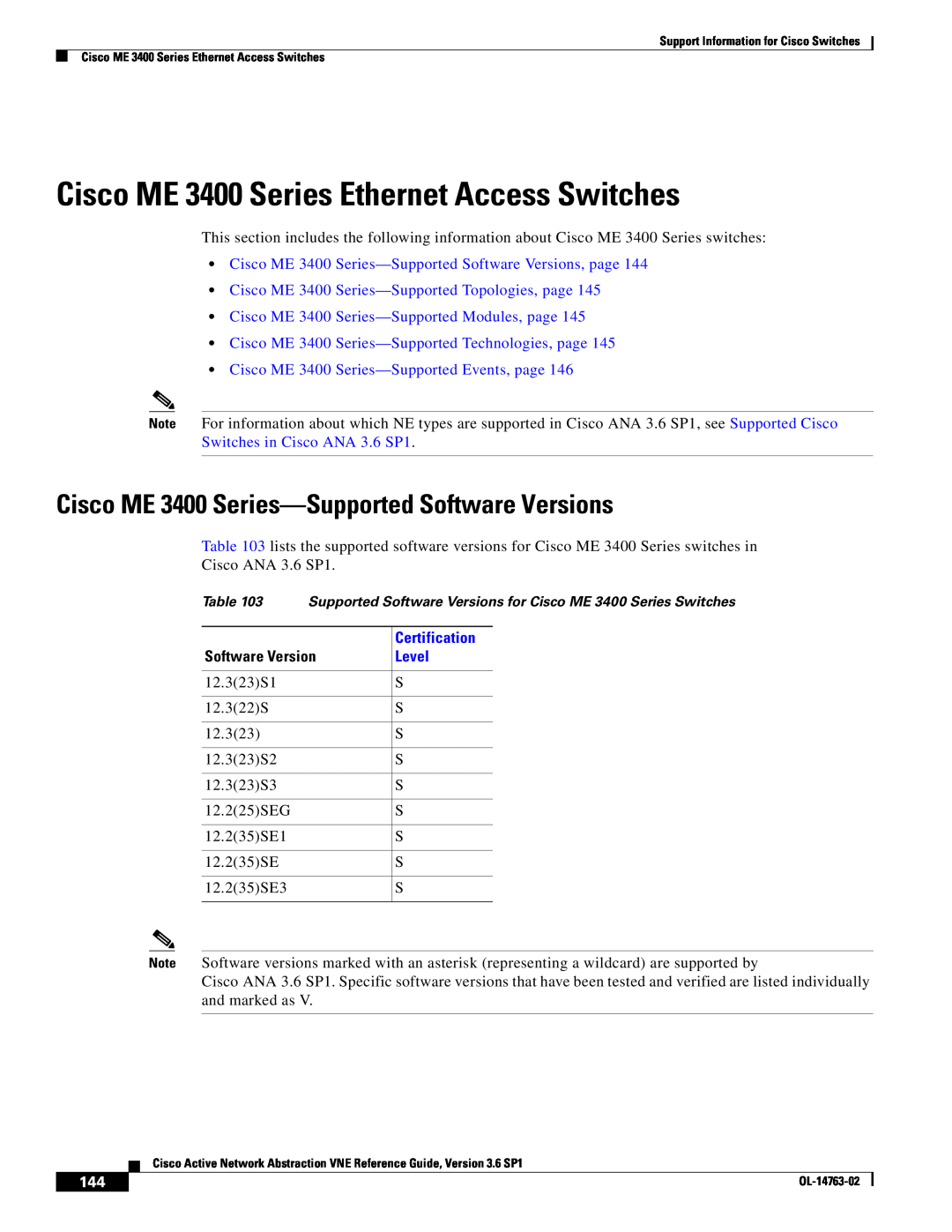Cisco Systems OL-14763-02 Cisco ME 3400 Series Ethernet Access Switches, Cisco ME 3400 Series-Supported Software Versions 