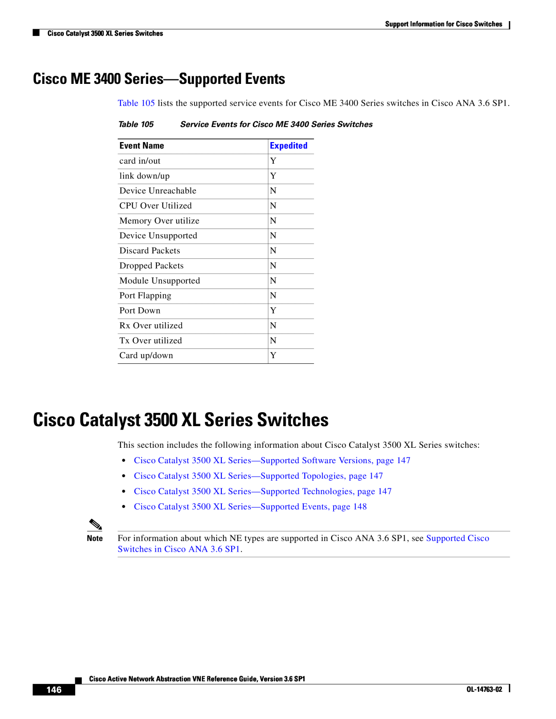 Cisco Systems OL-14763-02 manual Cisco Catalyst 3500 XL Series Switches, Cisco ME 3400 Series-Supported Events, Event Name 