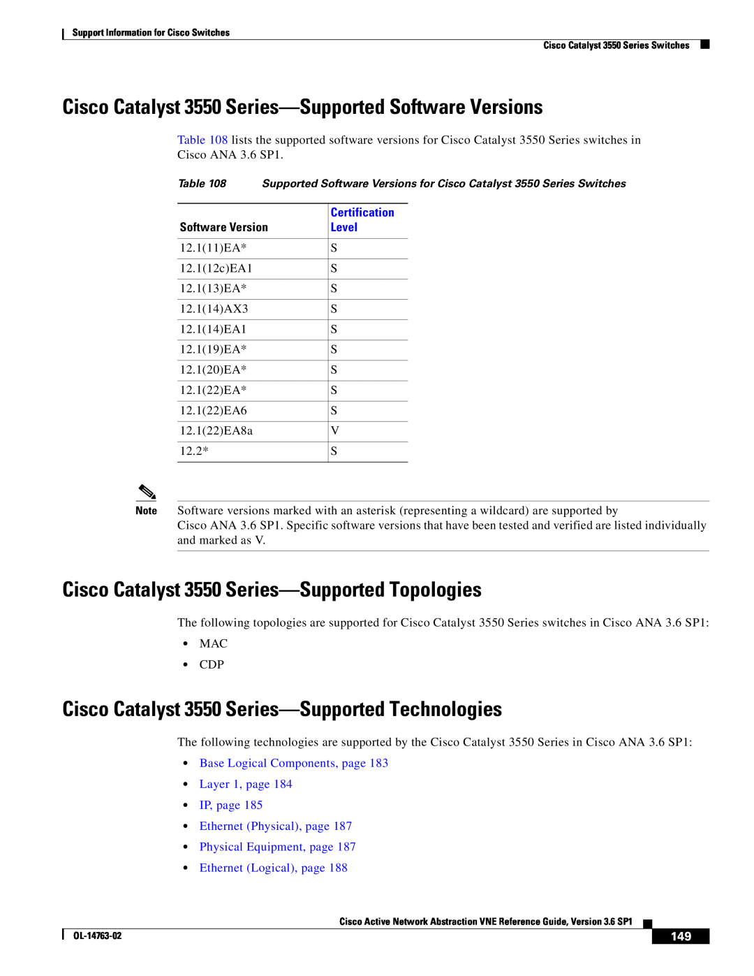 Cisco Systems OL-14763-02 manual Cisco Catalyst 3550 Series-Supported Software Versions, Ethernet Logical, page 