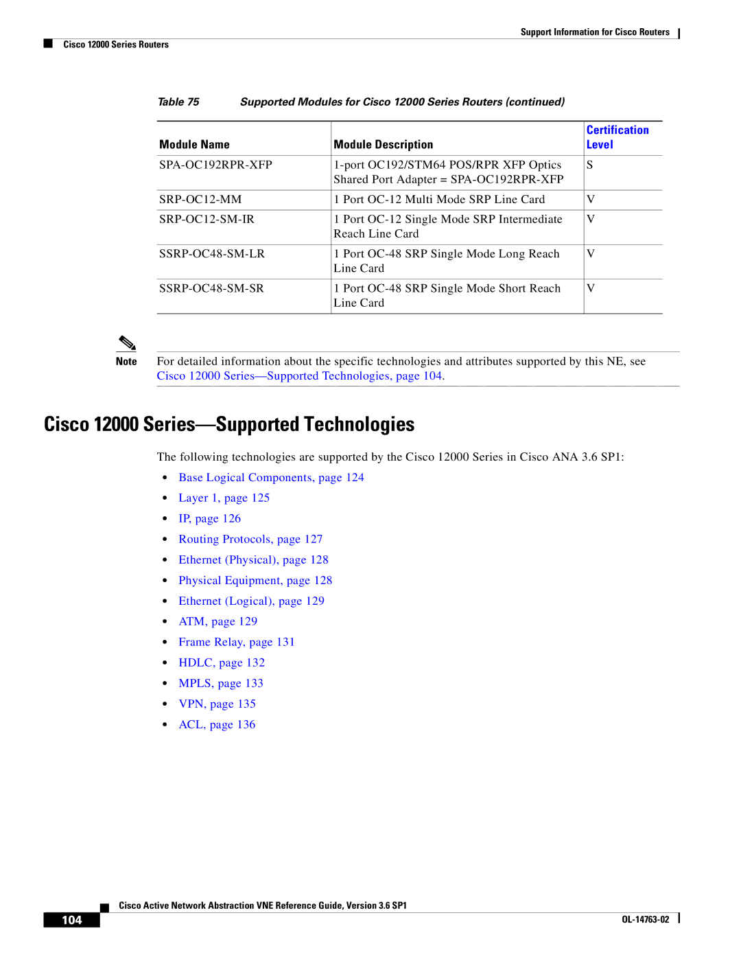 Cisco Systems OL-14763-02 manual Cisco 12000 Series-Supported Technologies, 104 