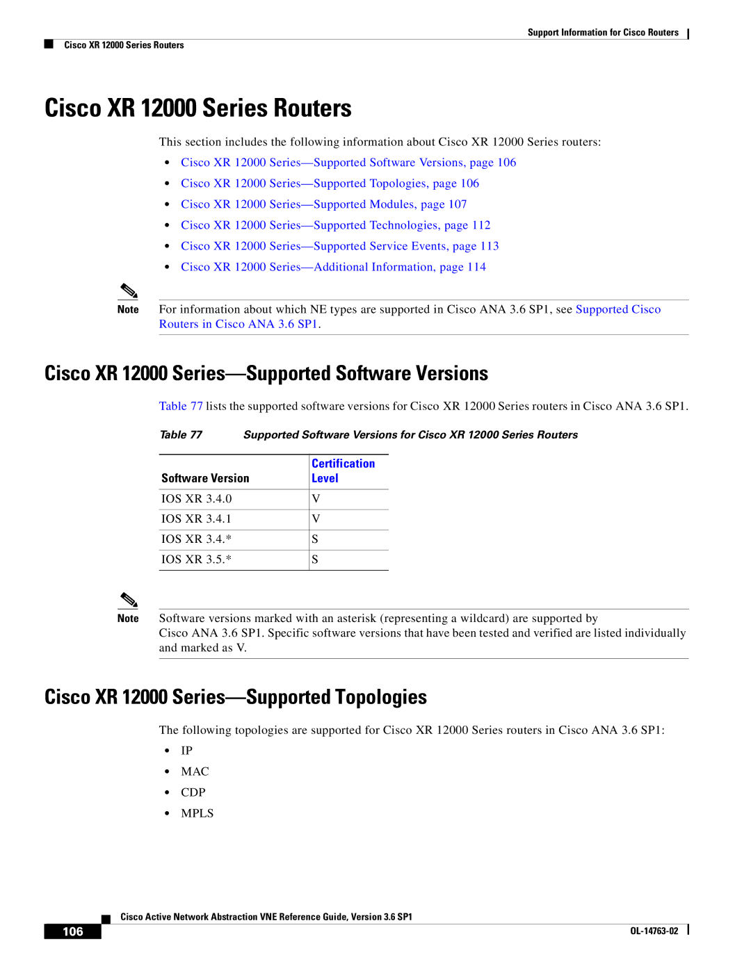 Cisco Systems OL-14763-02 manual Cisco XR 12000 Series Routers, Cisco XR 12000 Series-Supported Software Versions, 106 