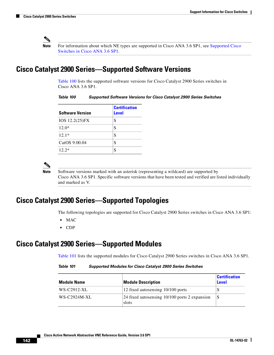 Cisco Systems OL-14763-02 manual Cisco Catalyst 2900 Series-Supported Software Versions, 142 