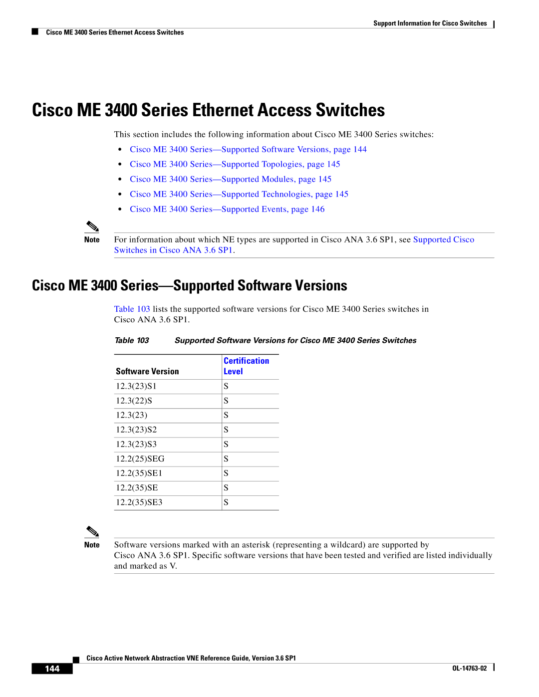 Cisco Systems OL-14763-02 Cisco ME 3400 Series Ethernet Access Switches, Cisco ME 3400 Series-Supported Software Versions 