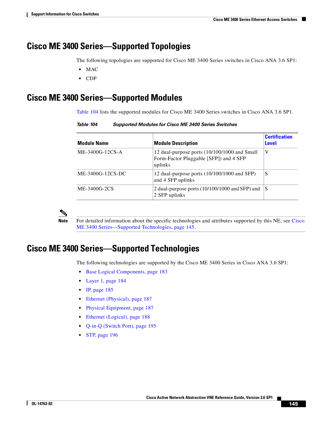 Cisco Systems OL-14763-02 manual Cisco ME 3400 Series-Supported Topologies, Cisco ME 3400 Series-Supported Modules, 145 