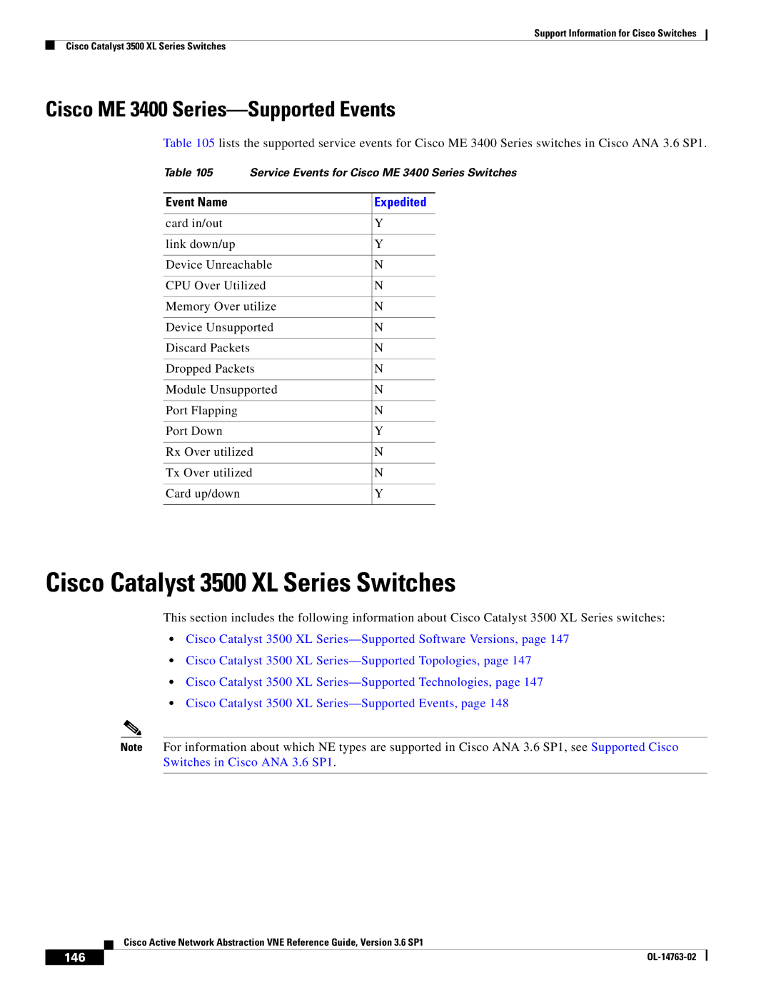 Cisco Systems OL-14763-02 manual Cisco Catalyst 3500 XL Series Switches, Cisco ME 3400 Series-Supported Events, 146 