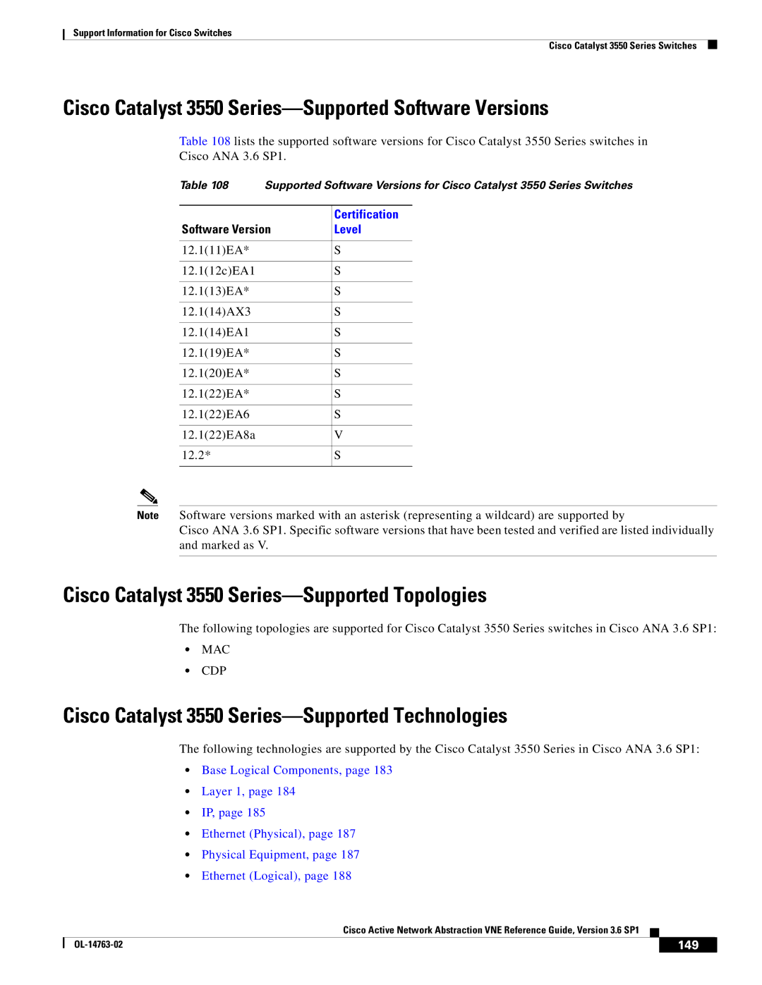 Cisco Systems OL-14763-02 manual Cisco Catalyst 3550 Series-Supported Software Versions, 149 