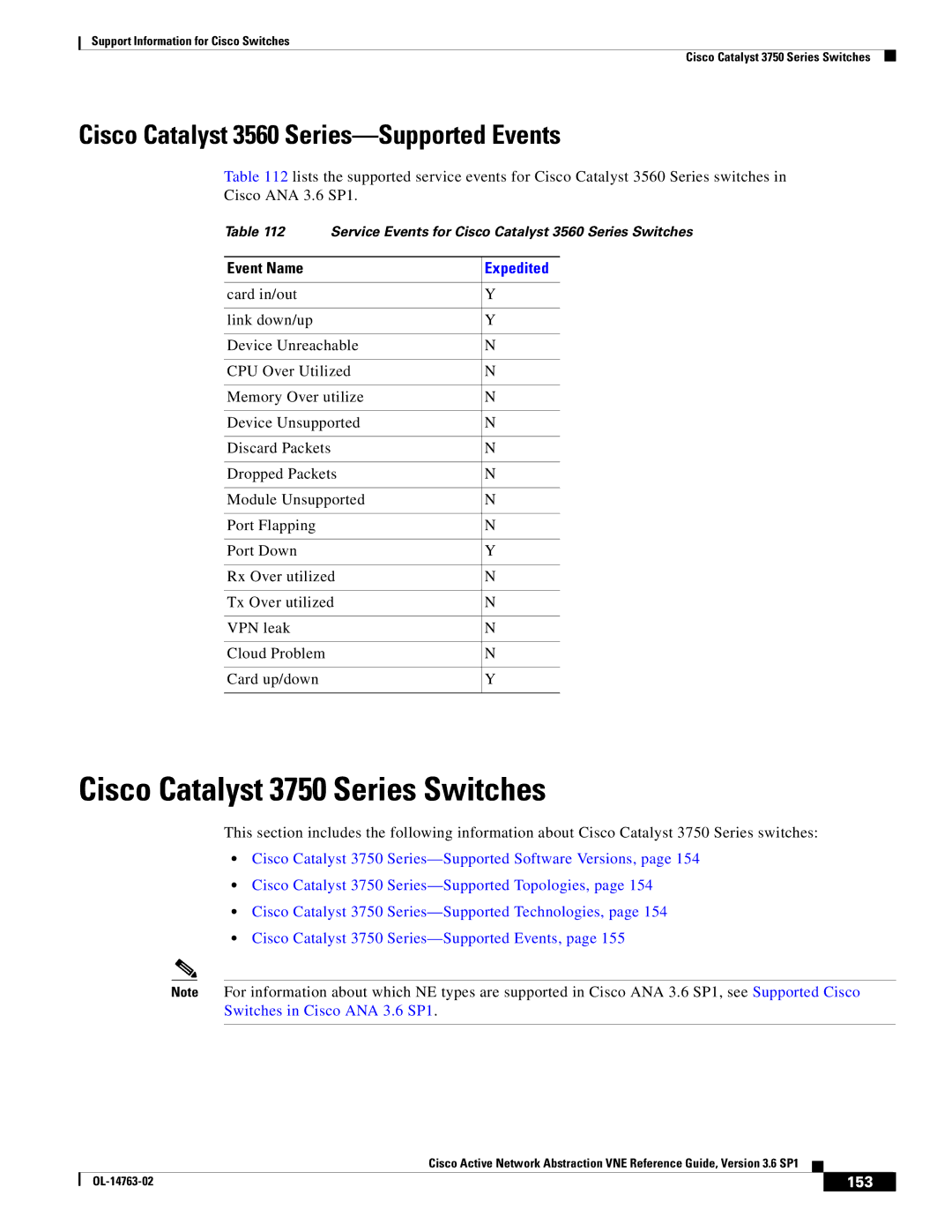 Cisco Systems OL-14763-02 manual Cisco Catalyst 3750 Series Switches, Cisco Catalyst 3560 Series-Supported Events, 153 